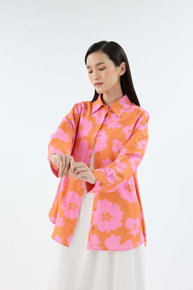 Fiora Orange Printed Oversized Shirt