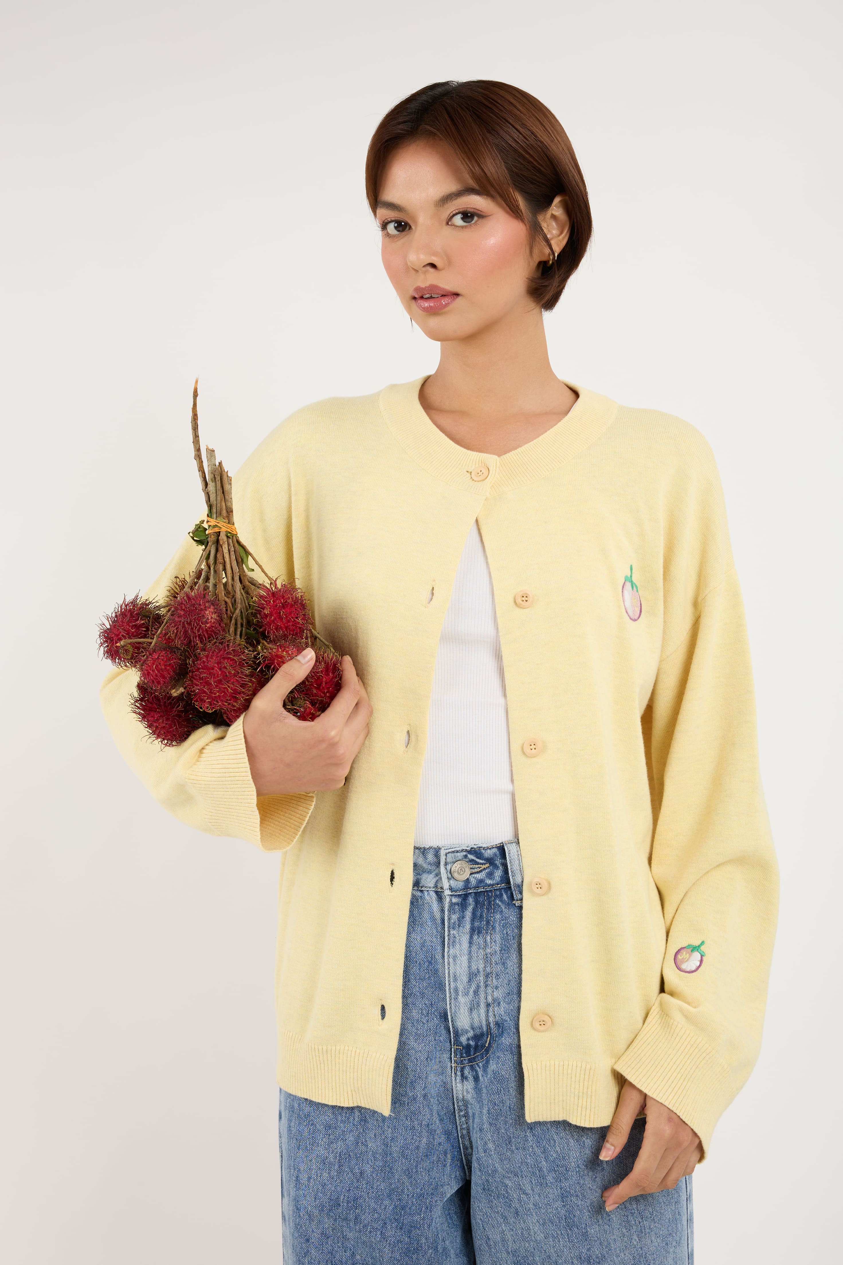 Buy Giana Butter Yellow Crew Neck Knitted Cardigan | Mimpikita
