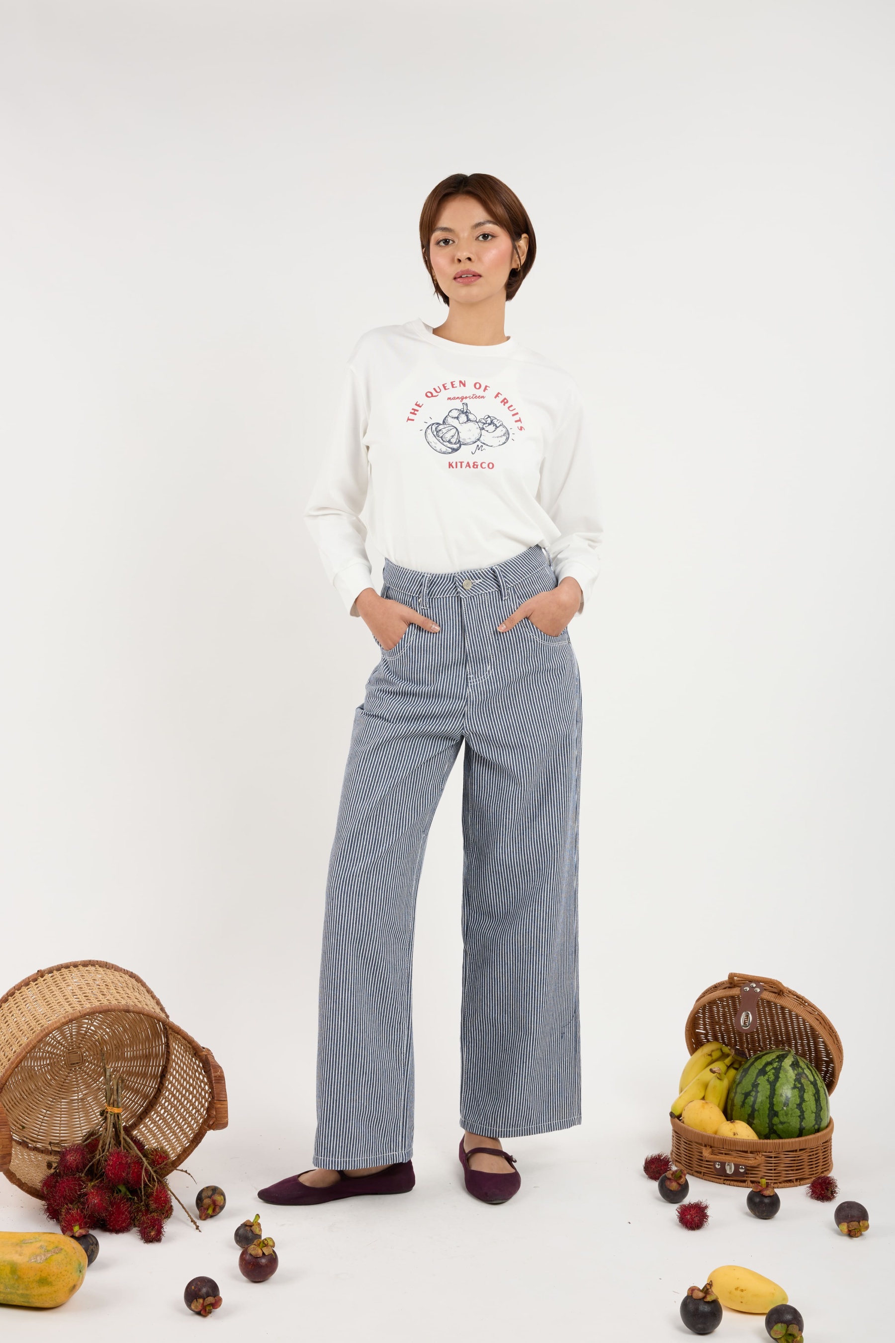 Lara Navy Stripes Wide Straight Jeans