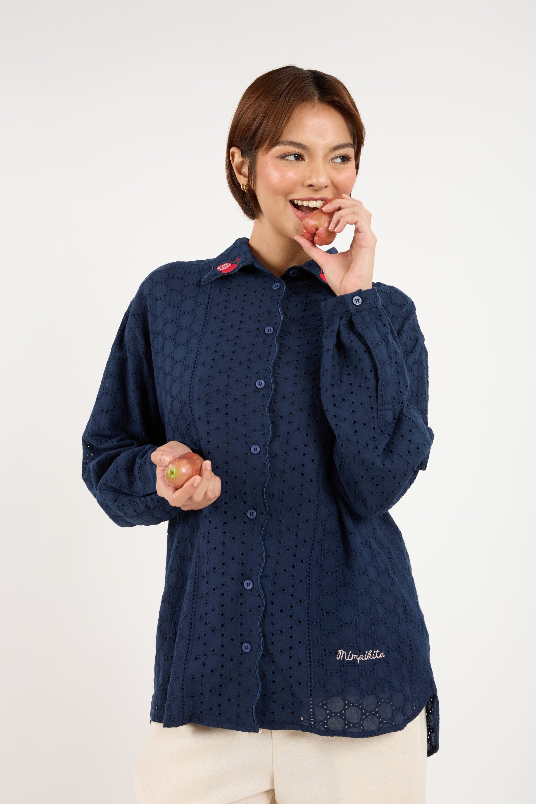Tropika Navy Blue Textured Embroidered Shirt