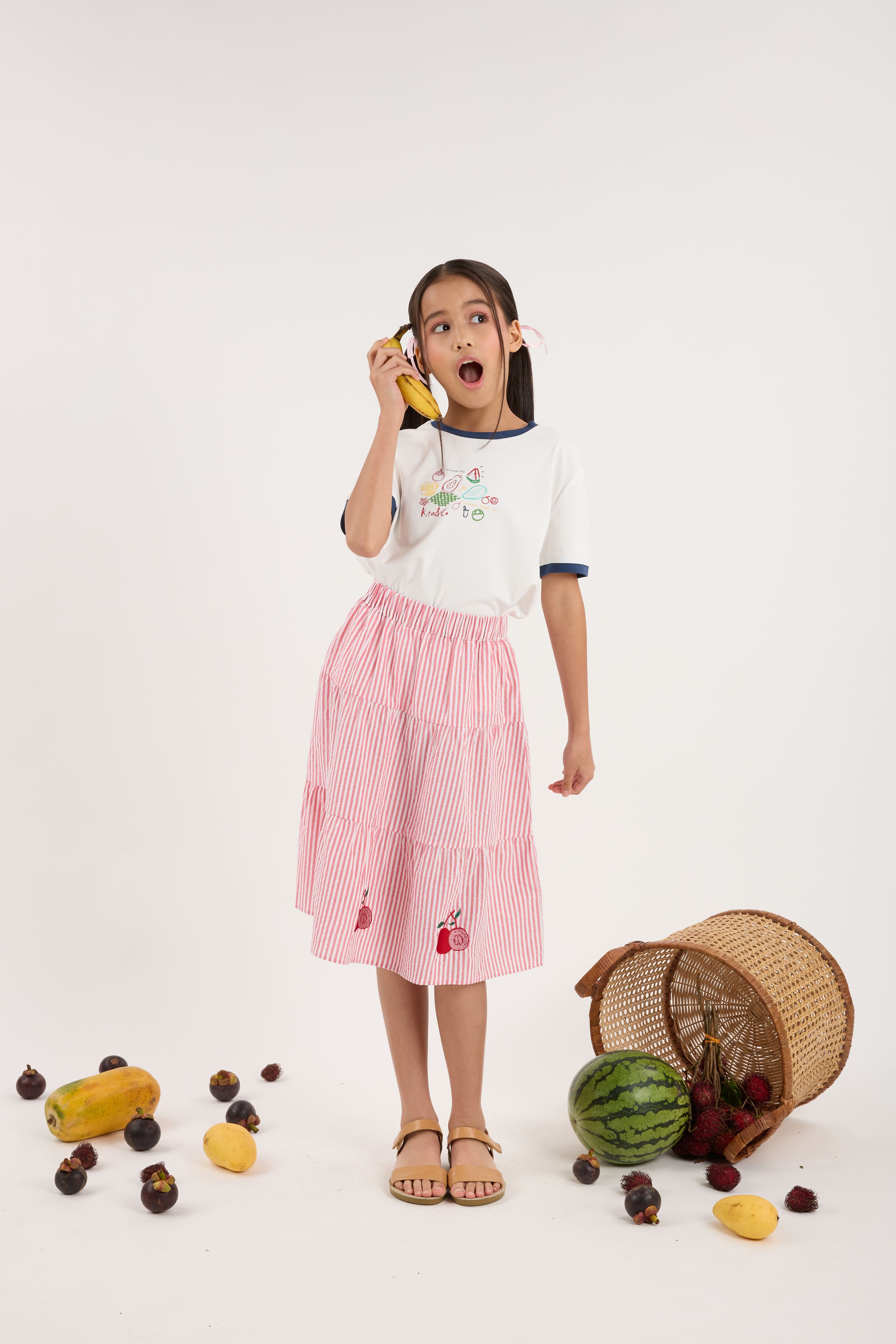 Guava Red Stripes Mini Tiered Skirt - Girls