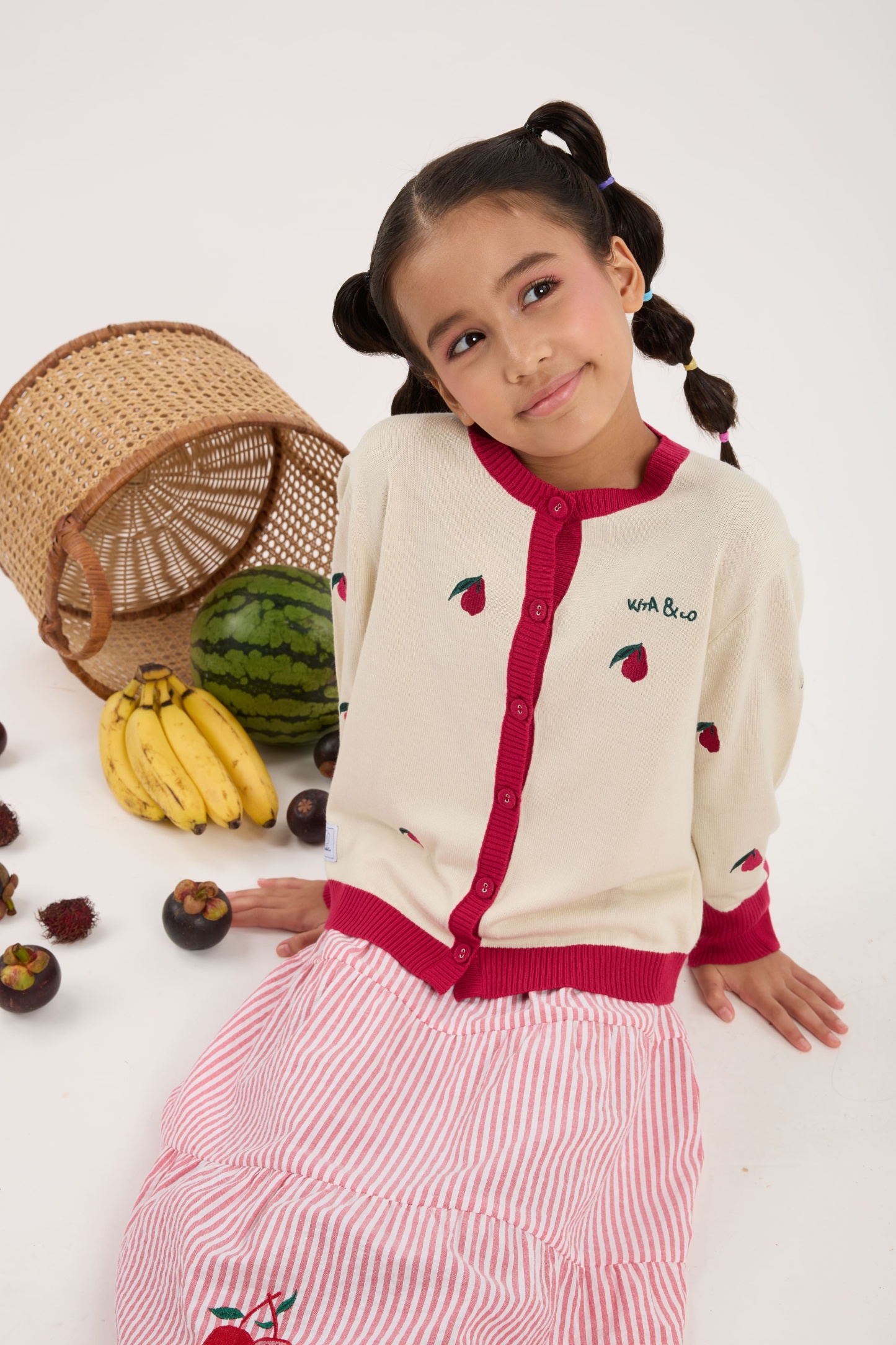 Cream White-Maroon Mini Crew Neck Knitted Cardigan - Girls