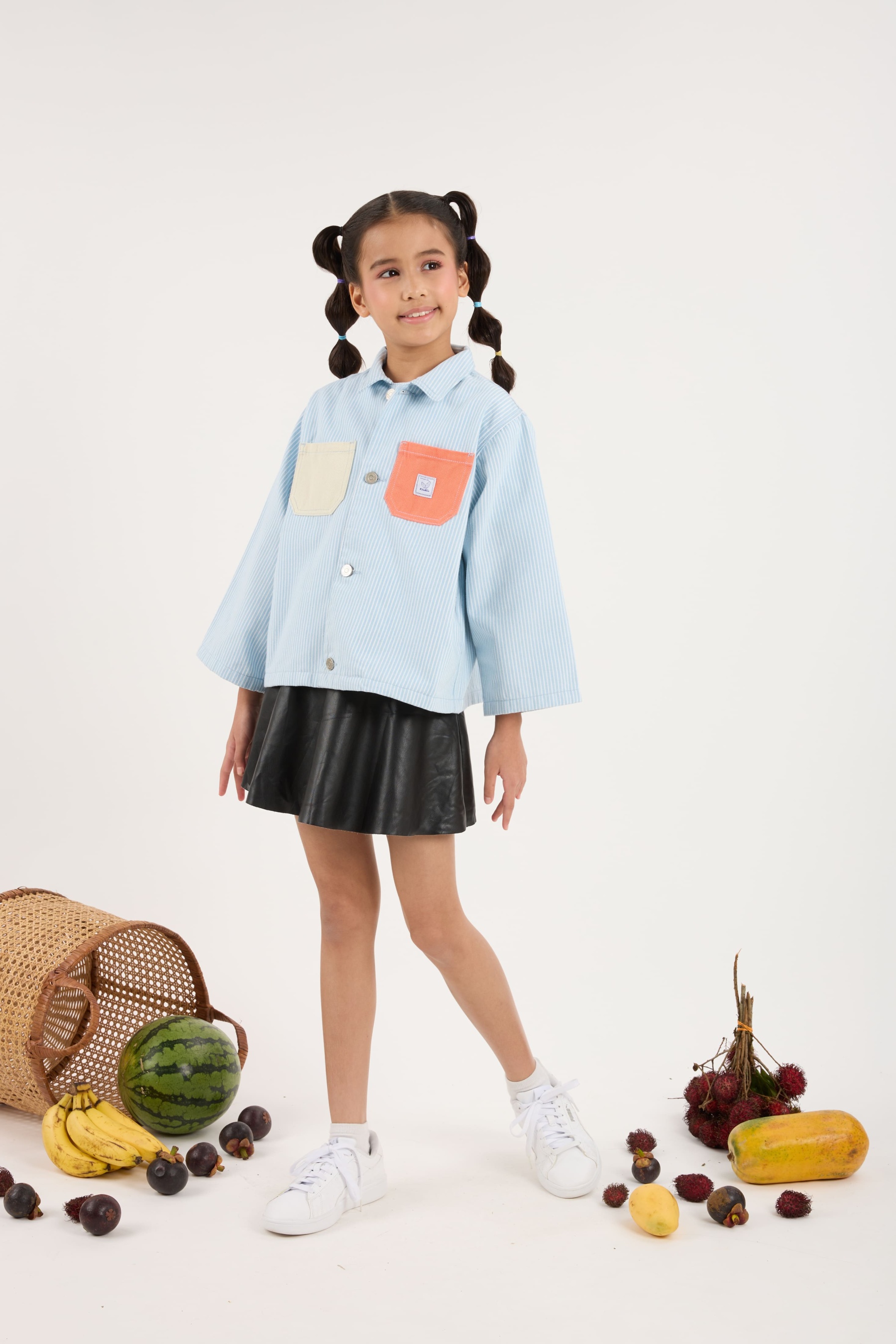 Light Blue Stripes Mini Oversized Denim Shirt - Kids