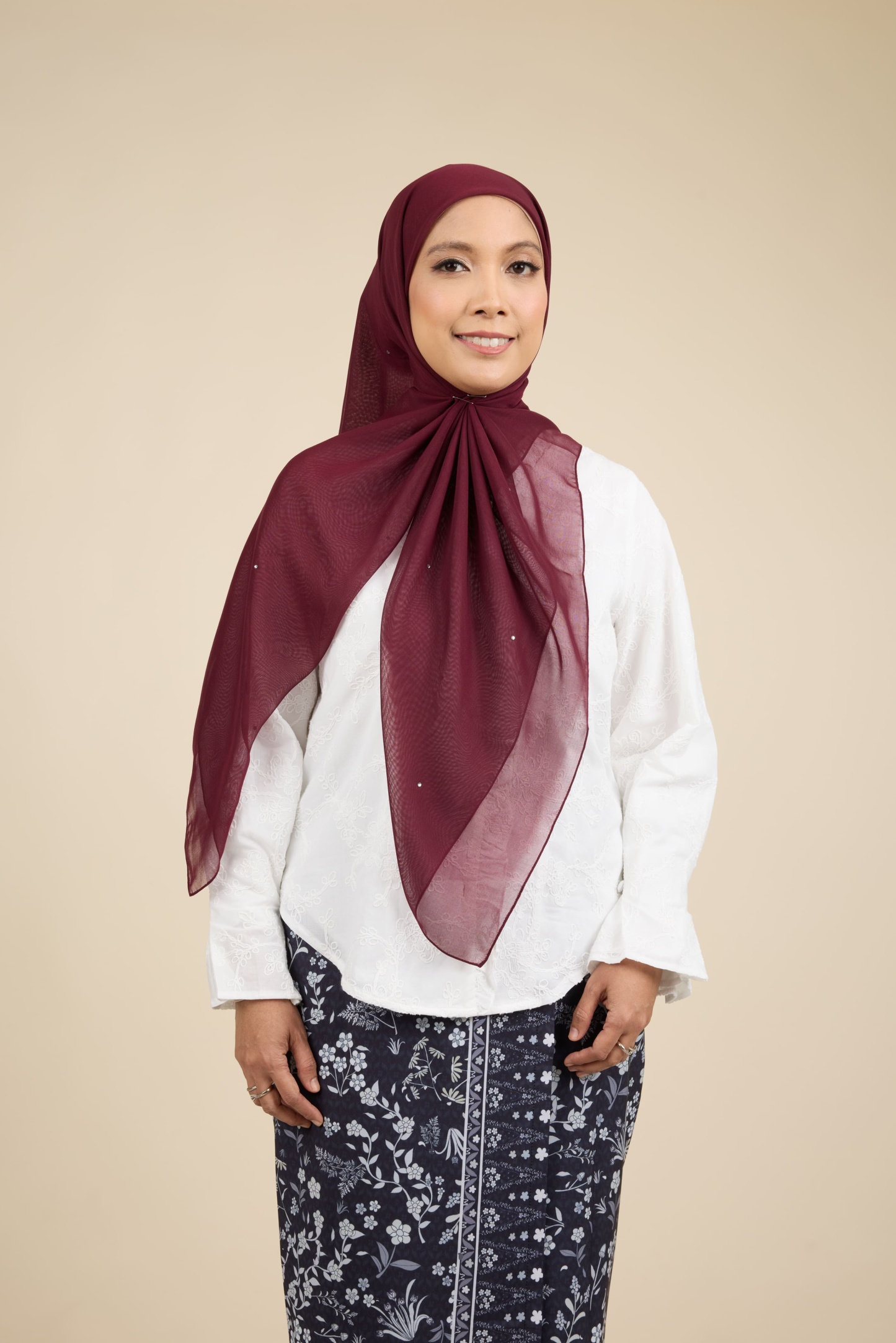 Almas Burgundy Rhinestone Square Voile Scarf