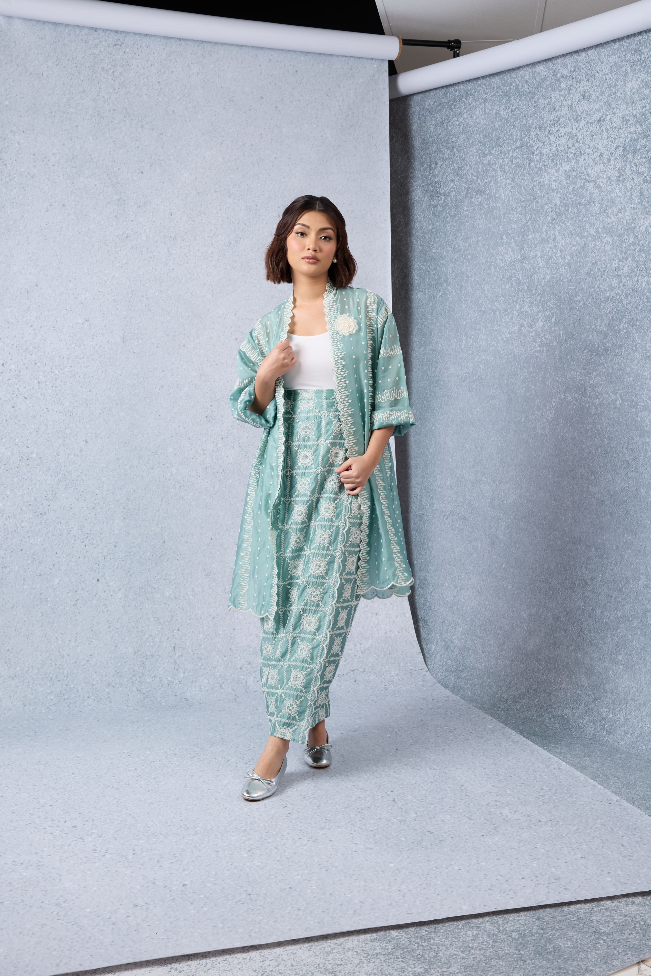 Sinar Teal Green Embroidered Kebaya Set