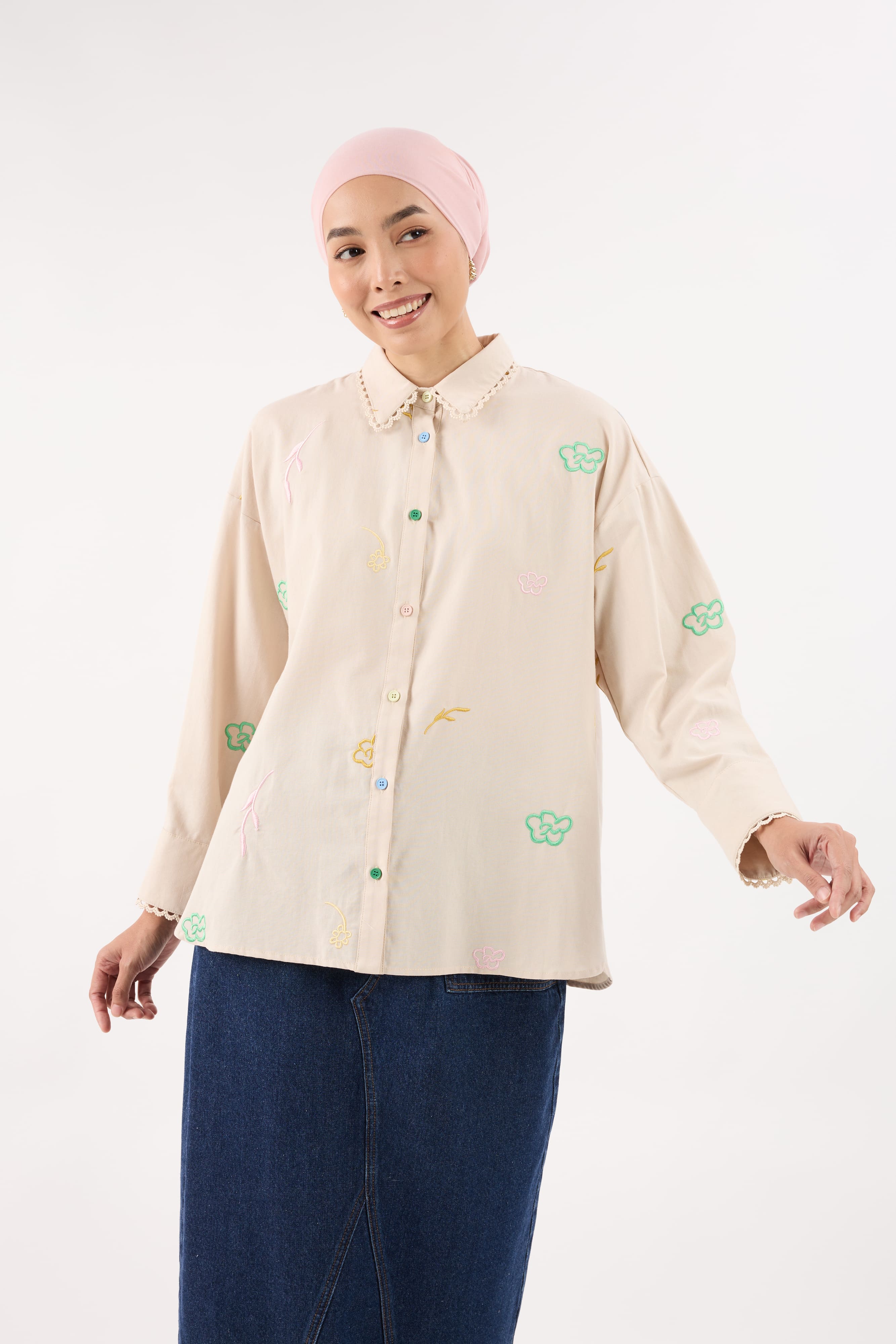 Buy Charlotte Frosted Almond Floral Embroidered Shirt | Mimpikita