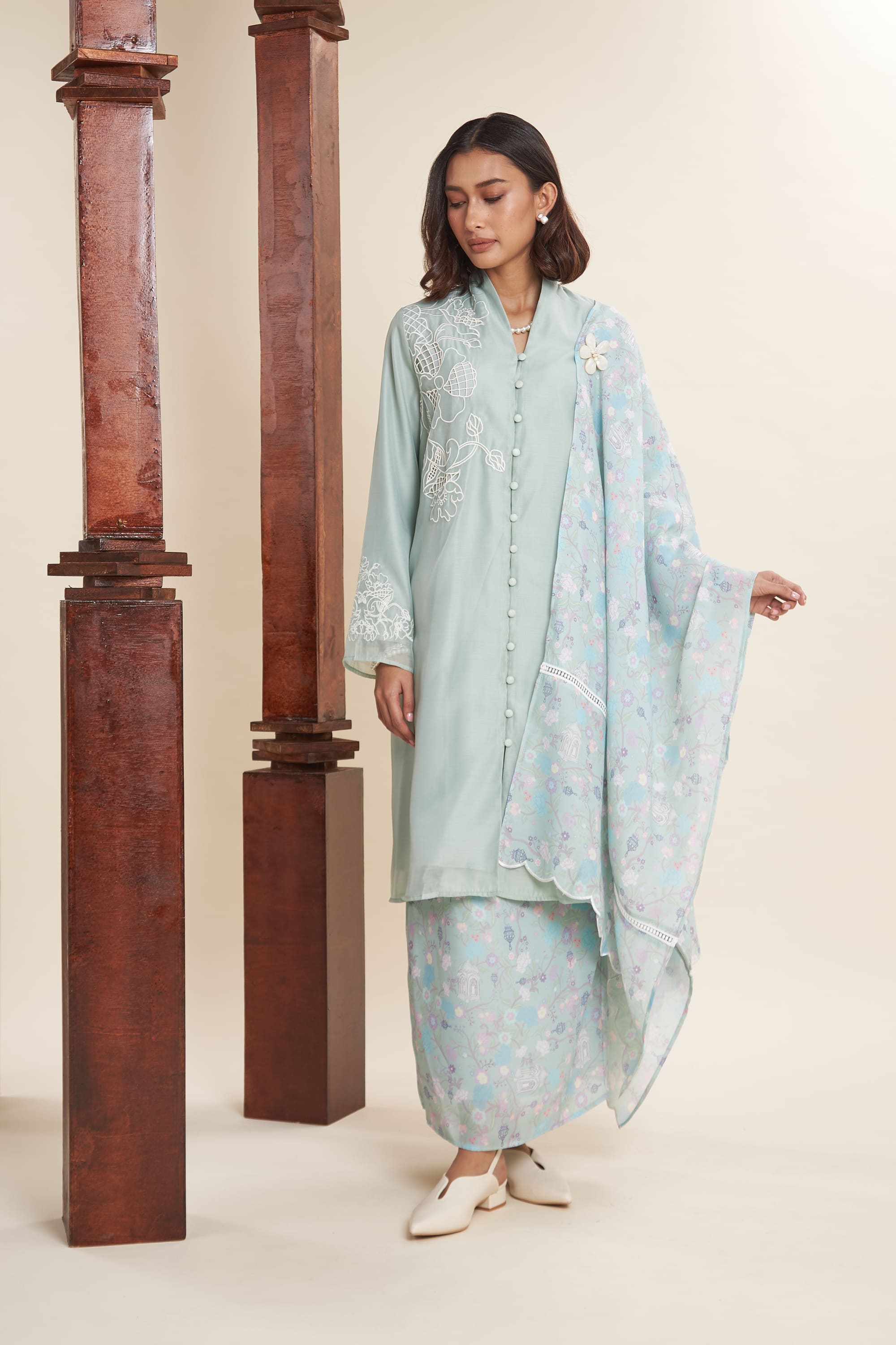 Maya Mint Green Embroidered Kurung Set