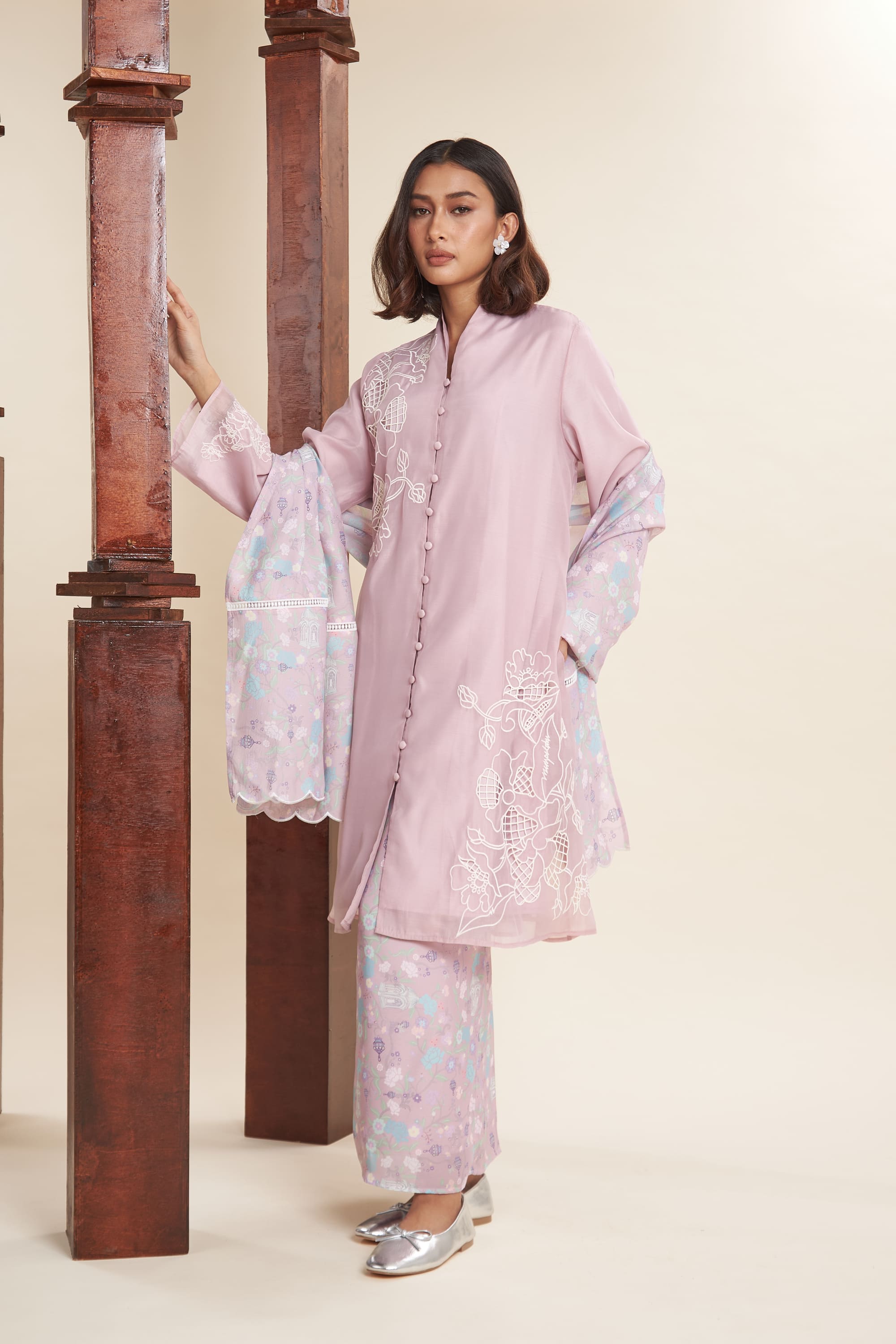 Maya Mauve Pink Embroidered Kurung Set