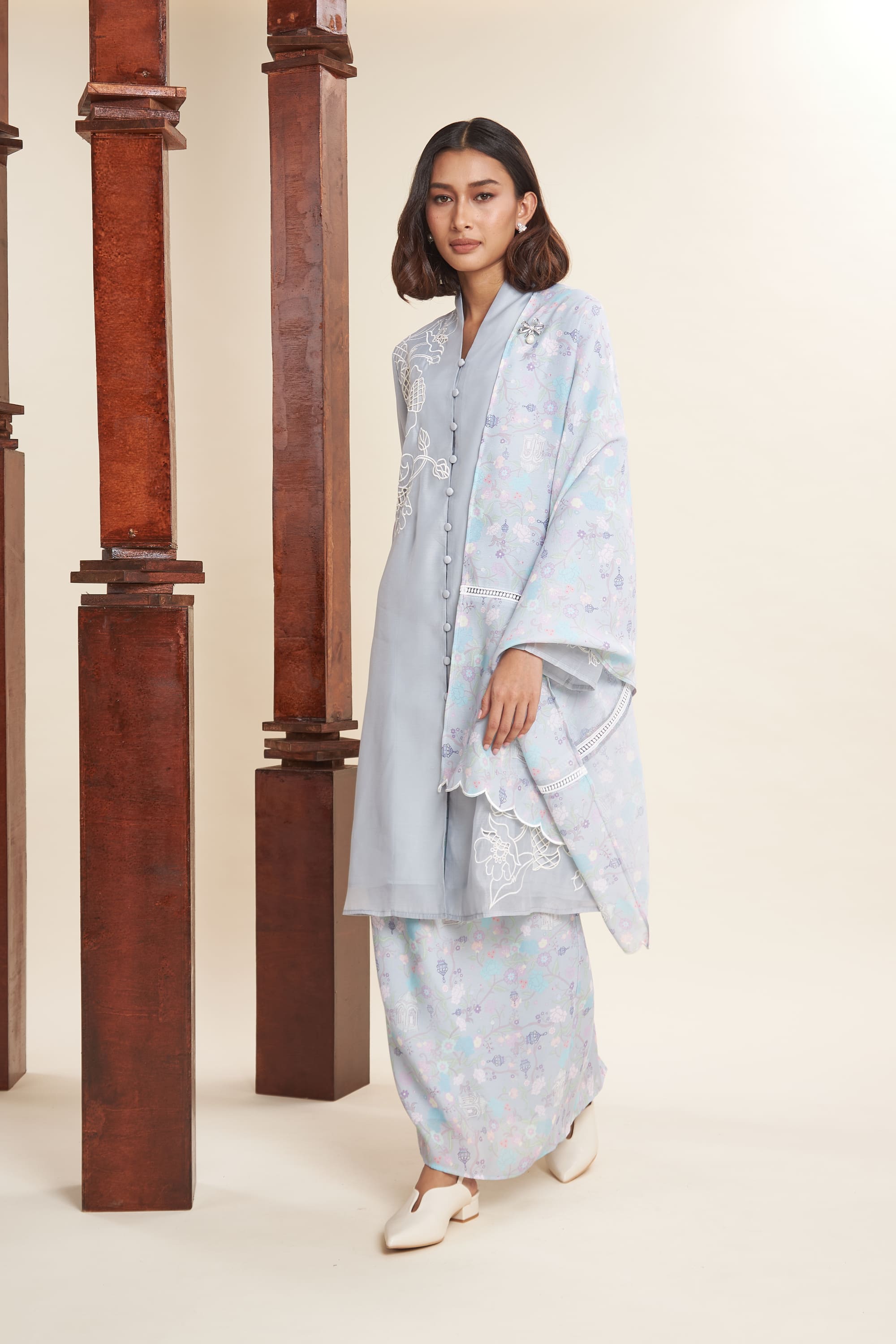 Maya Powder Blue Embroidered Kurung Set