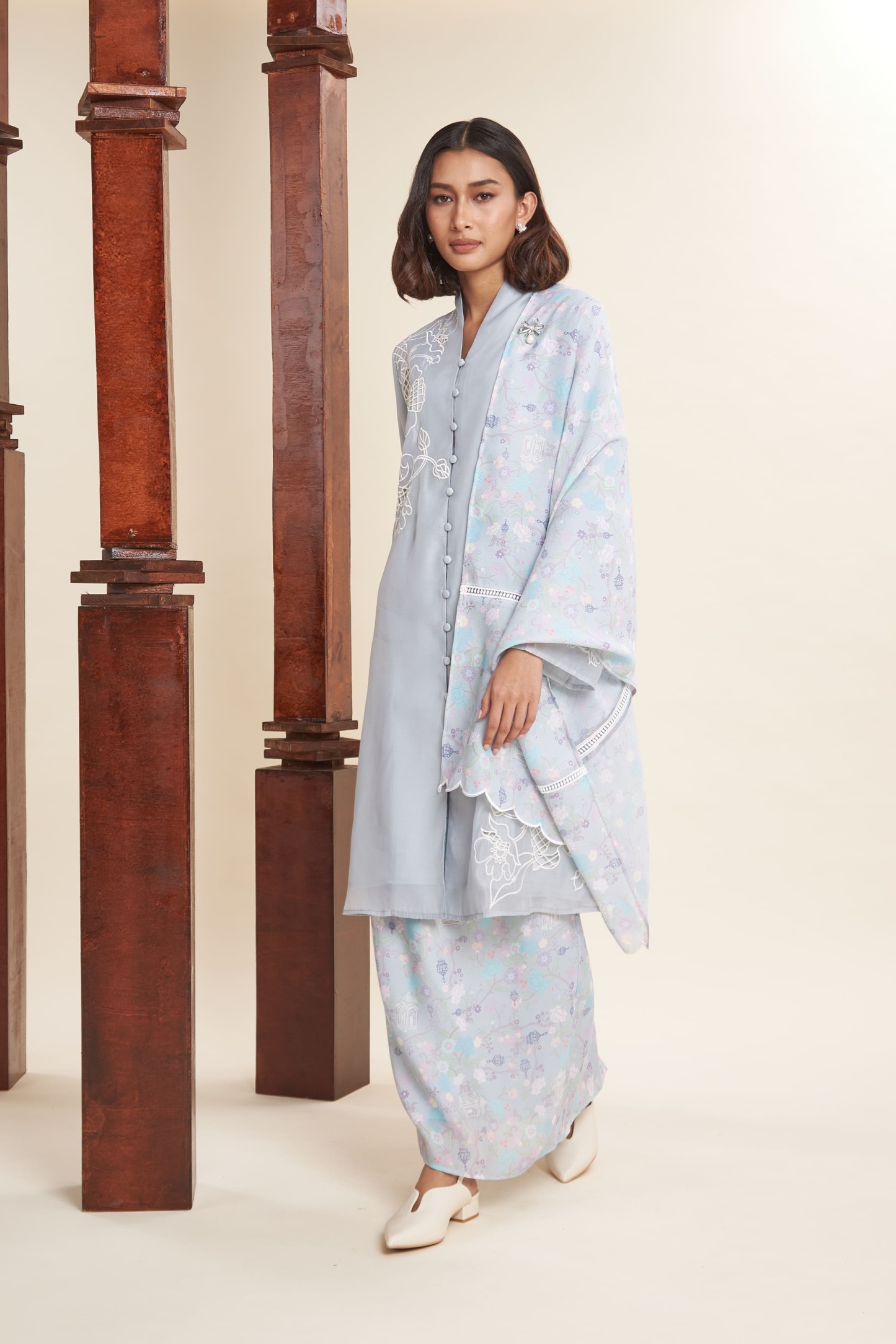 Maya Powder Blue Embroidered Kurung Set