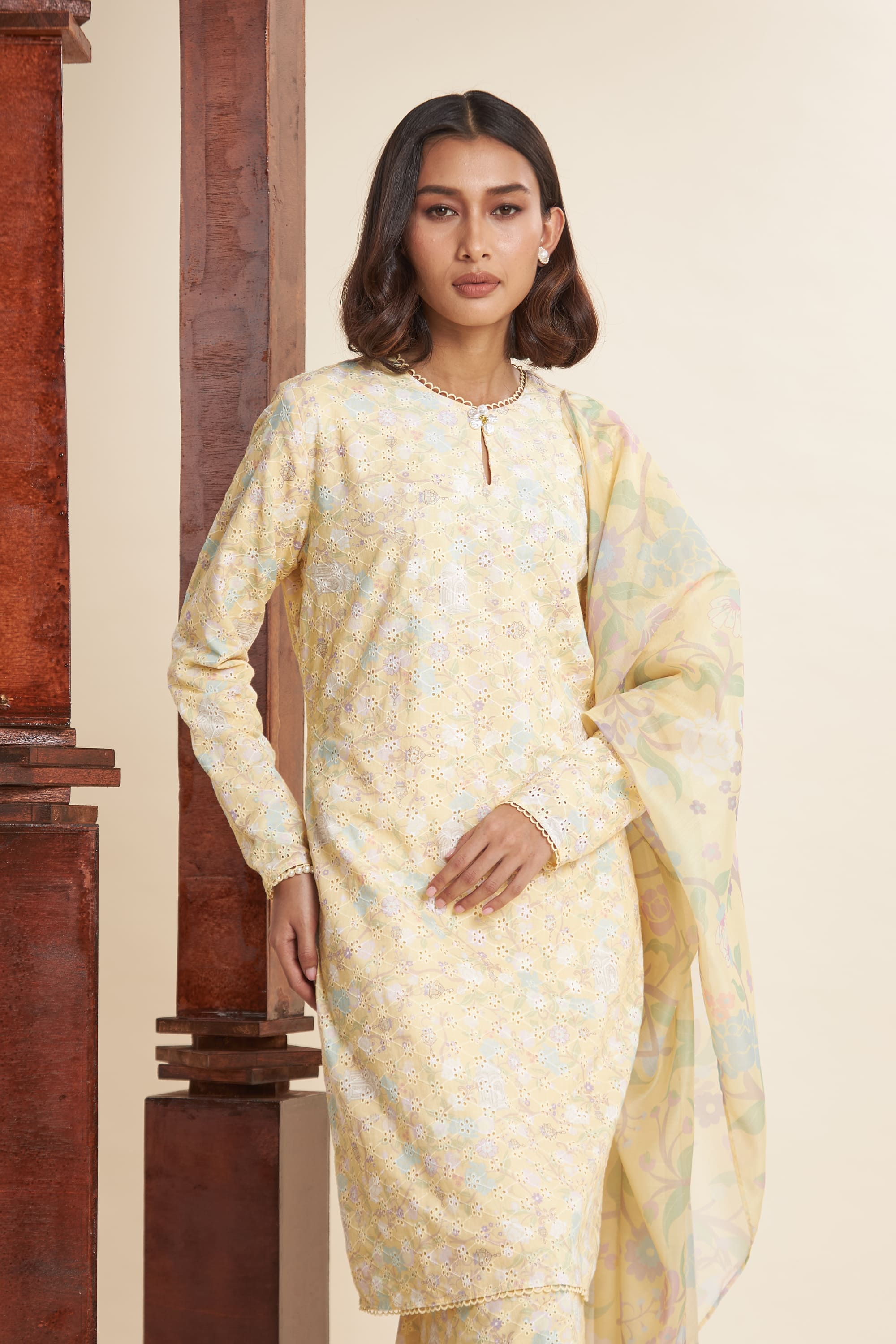 Katrina Butter Yellow Textured Modern Kurung Set