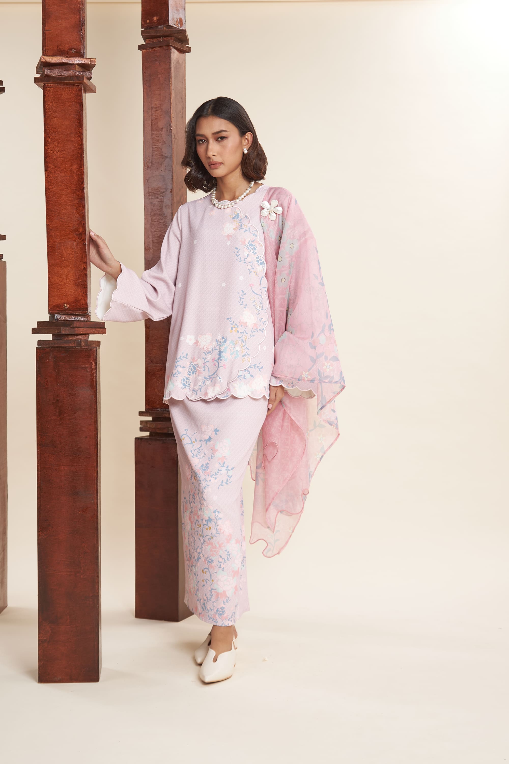 Amala Blush Pink Scallop Kurung Set