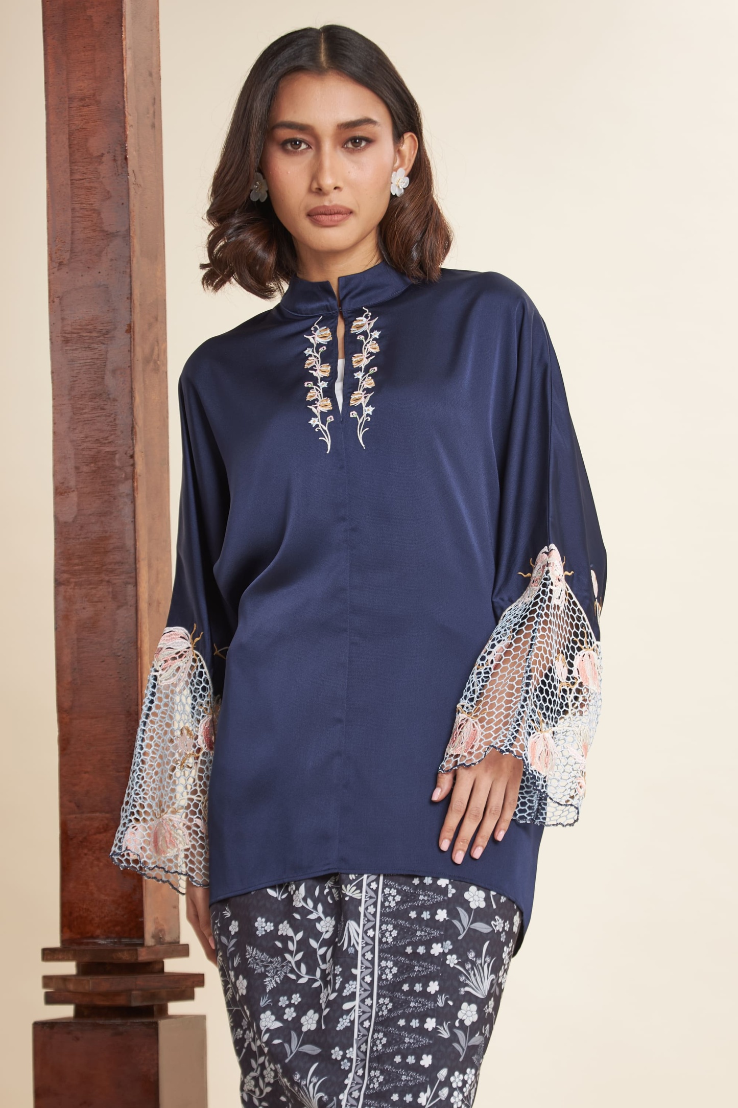 Rani Navy Blue Embroidered Batwing Top