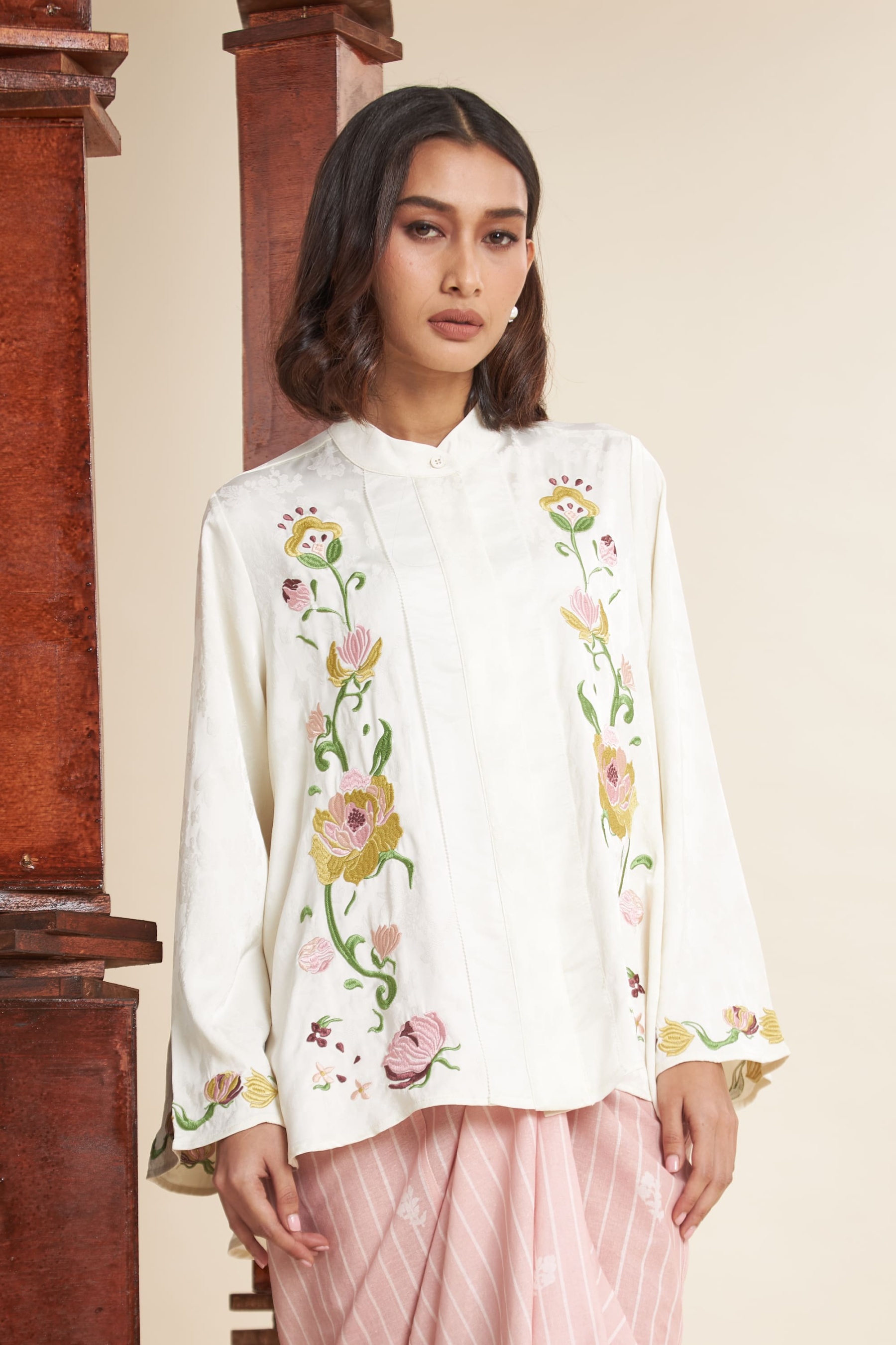 Mulya Off-White Embroidered Flare Top