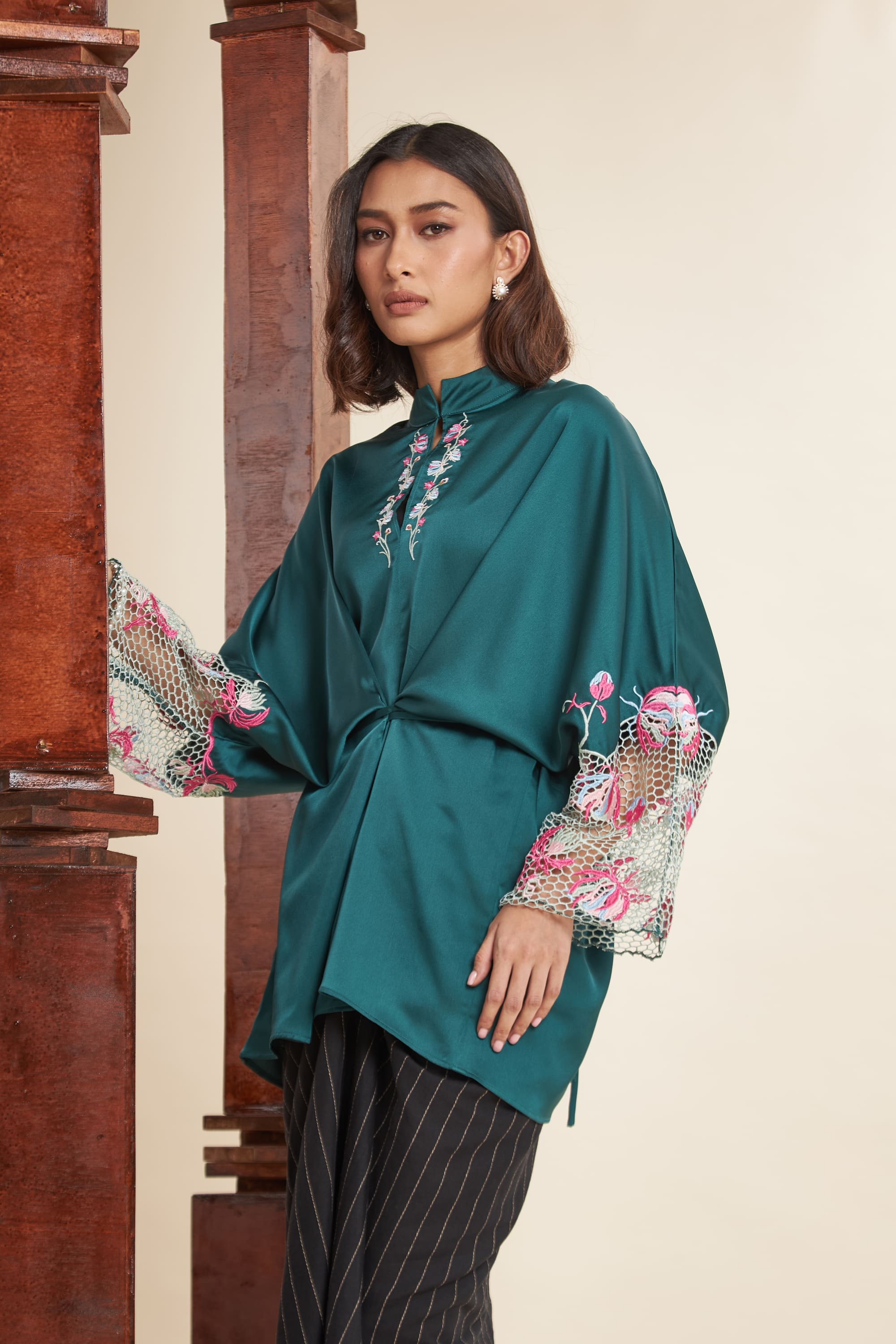 Rani Emerald Green Embroidered Batwing Top