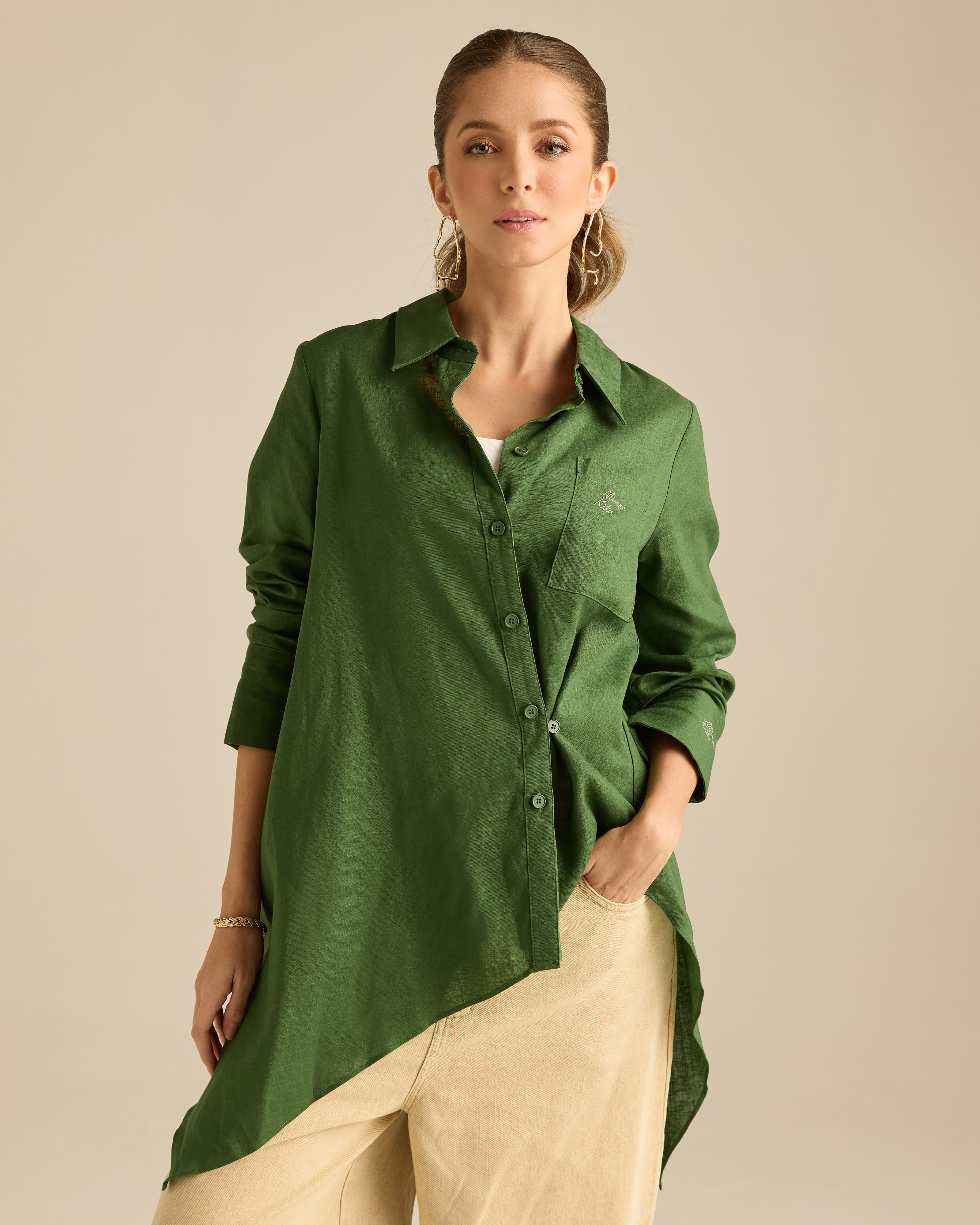 Amani Emerald Linen Asymmetrical Shirt