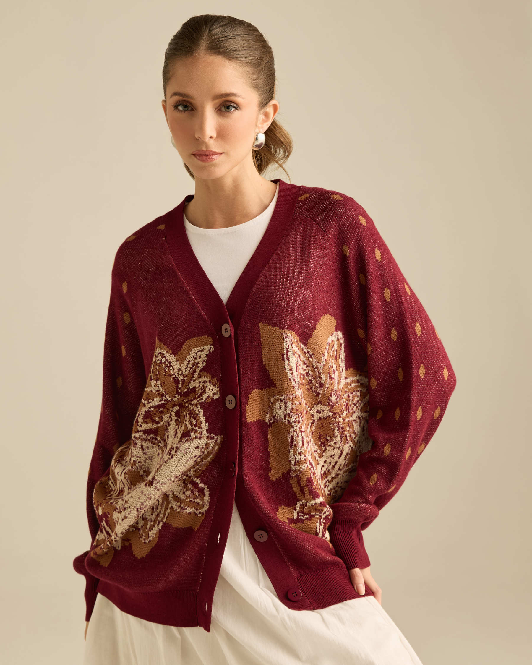 Amora Maroon Knitted Wool Cardigan