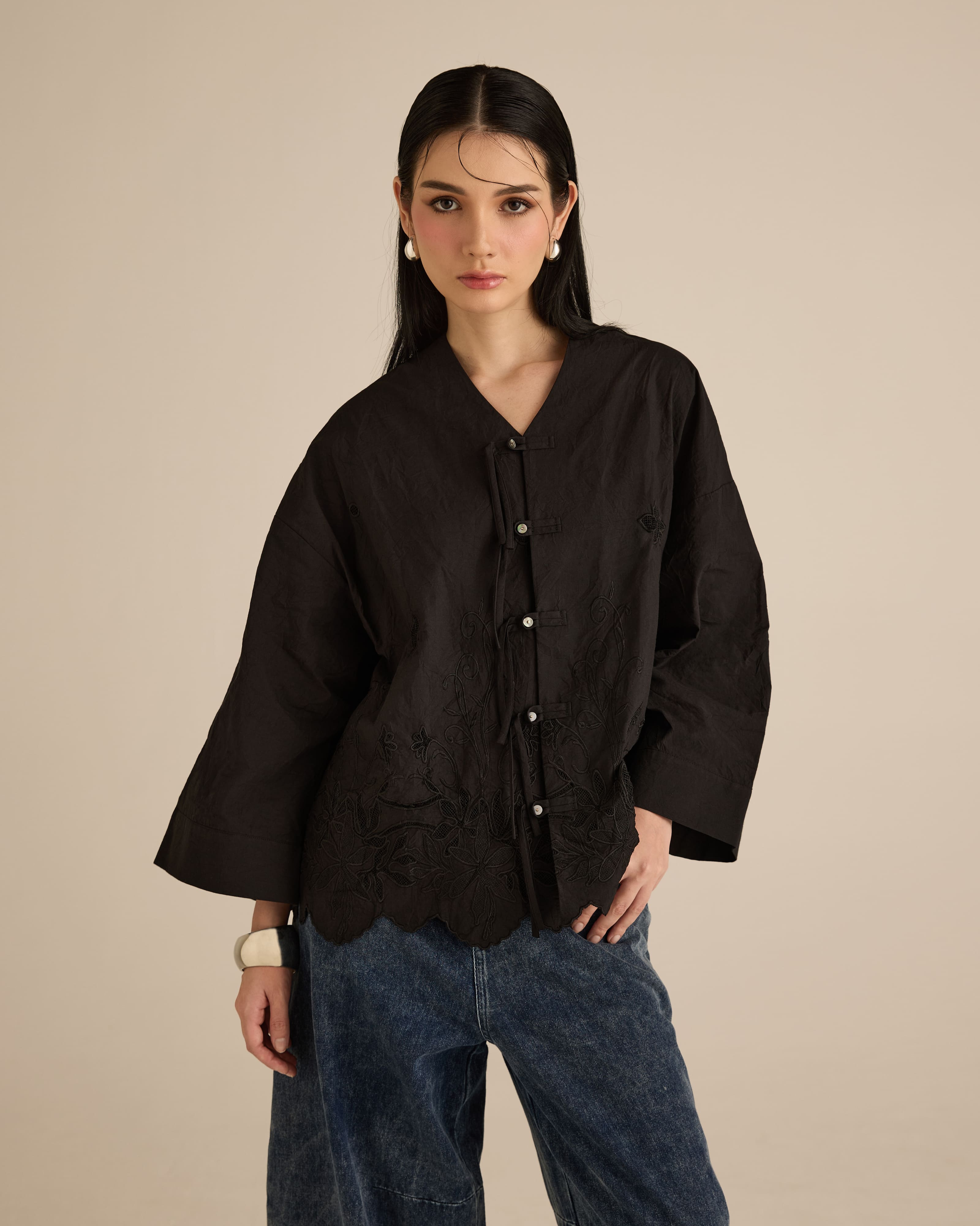 Najwa Black Embroidered Boxy Top
