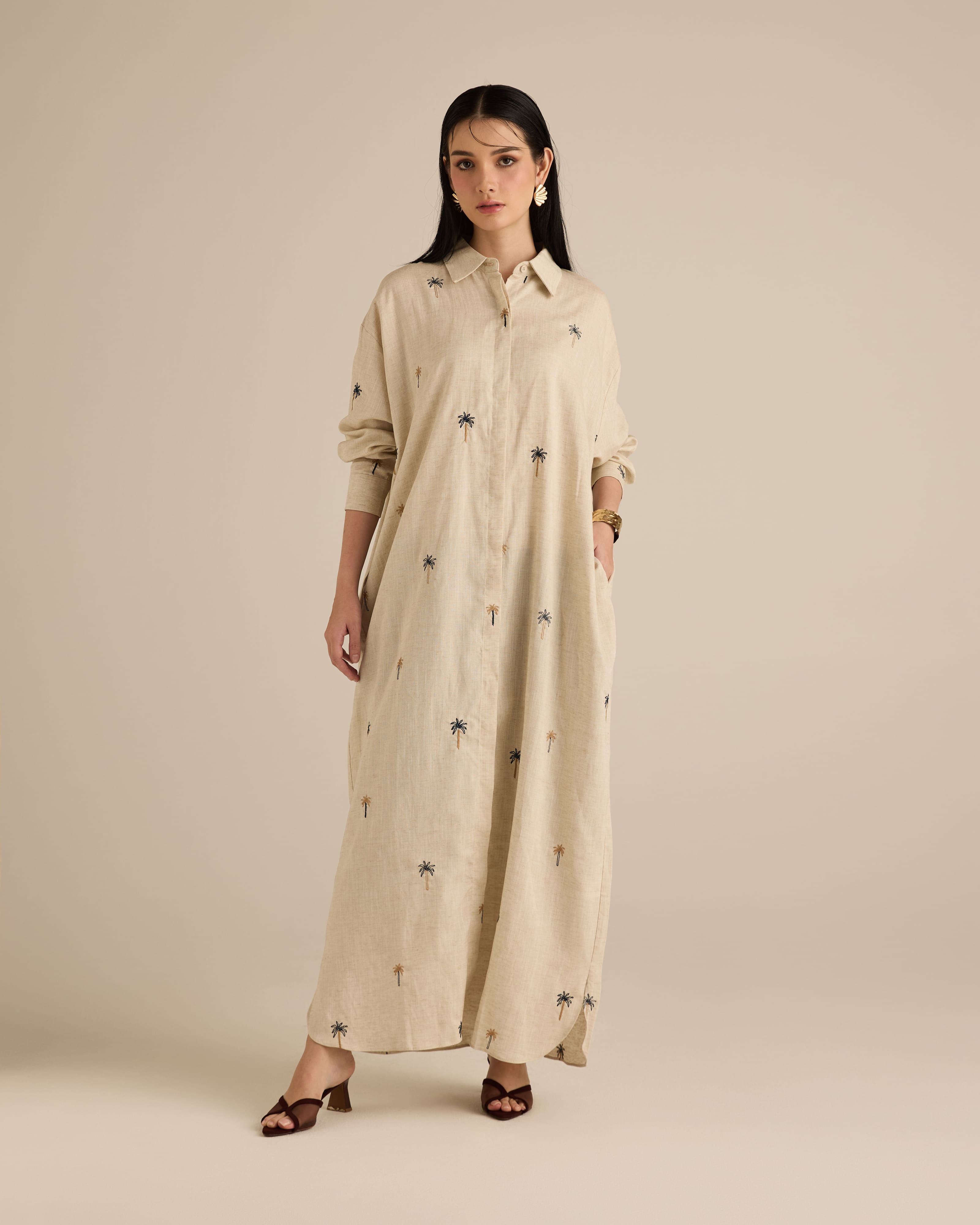 Leena Khaki Embroidered Long Dress