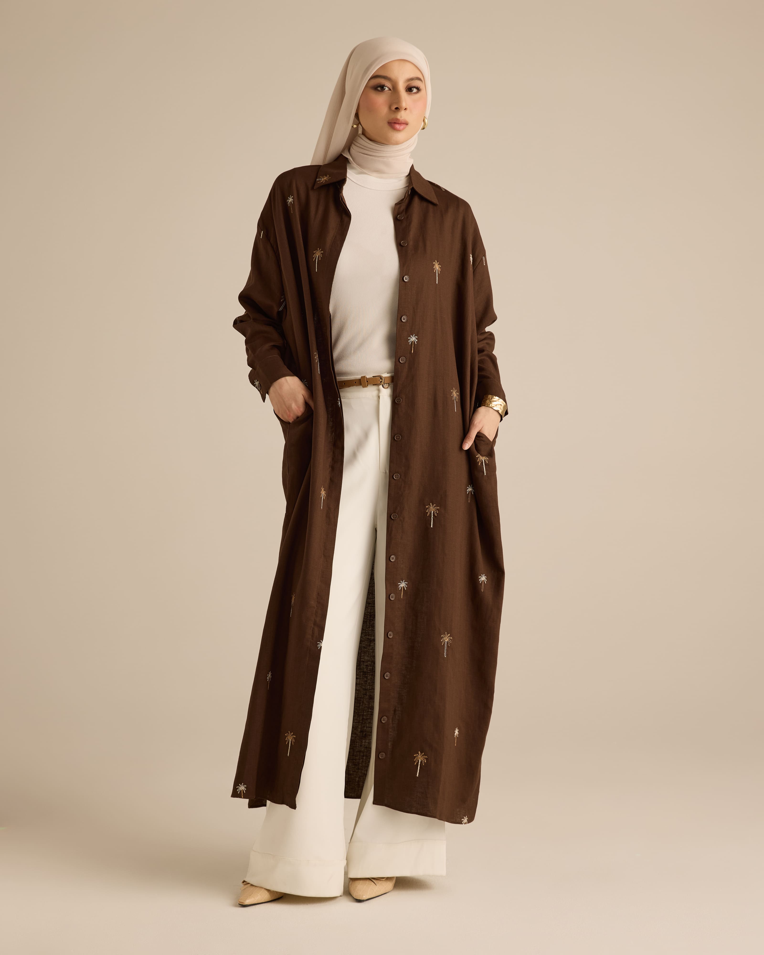 Leena Brown Embroidered Long Dress