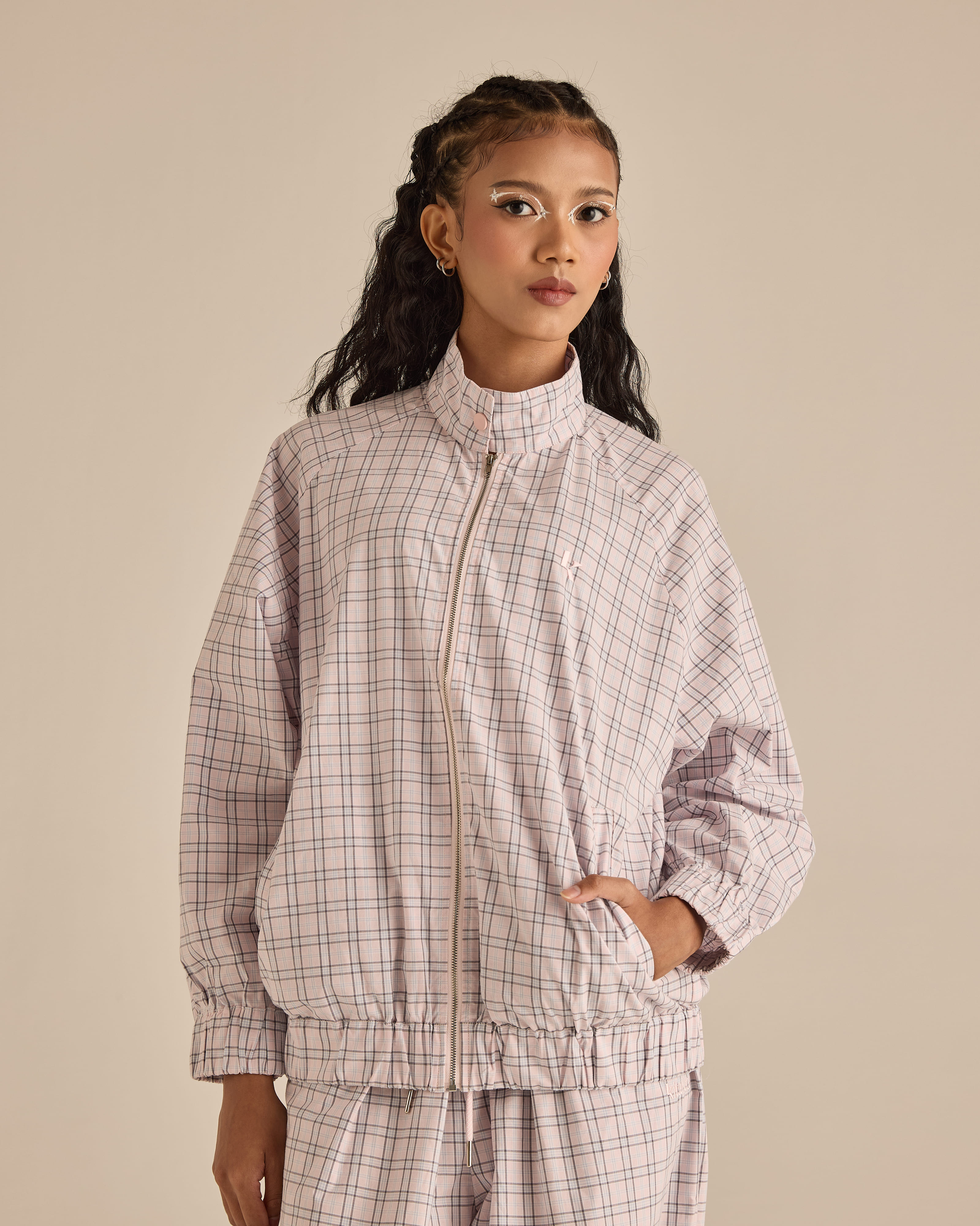 Soft Pink Plaid High-Neck Jacket