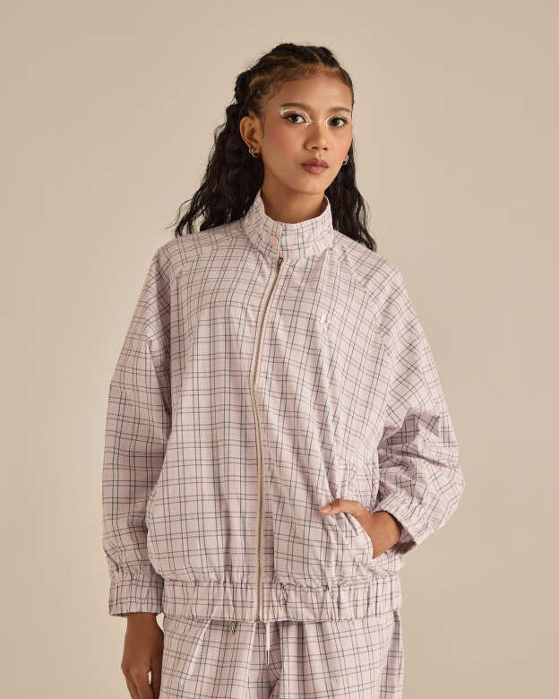 Soft Pink Plaid High-Neck Jacket