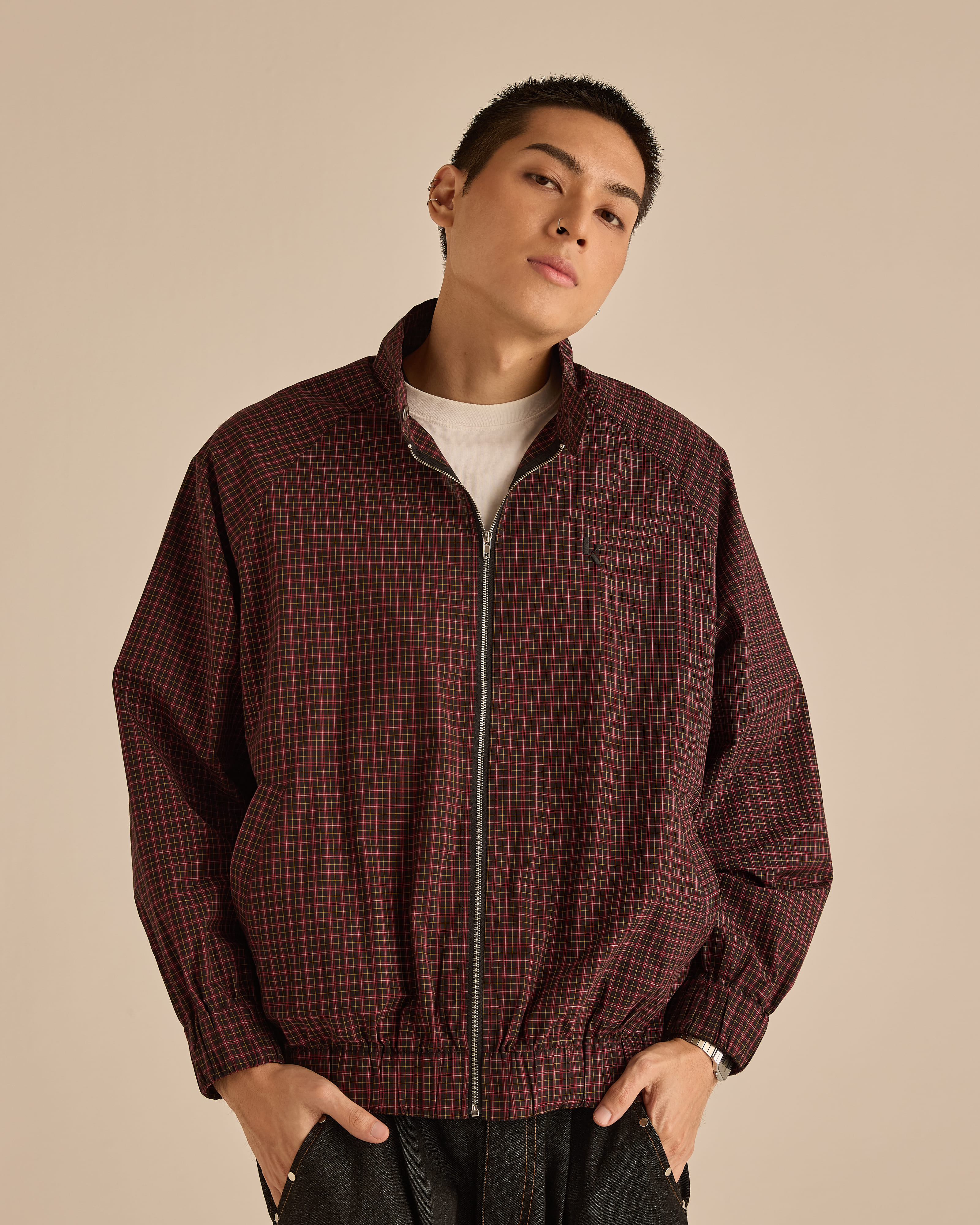 Red Plaid High-Neck Jacket