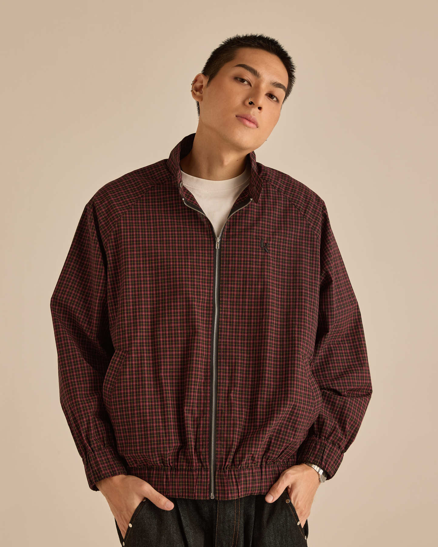 Red Plaid High-Neck Jacket