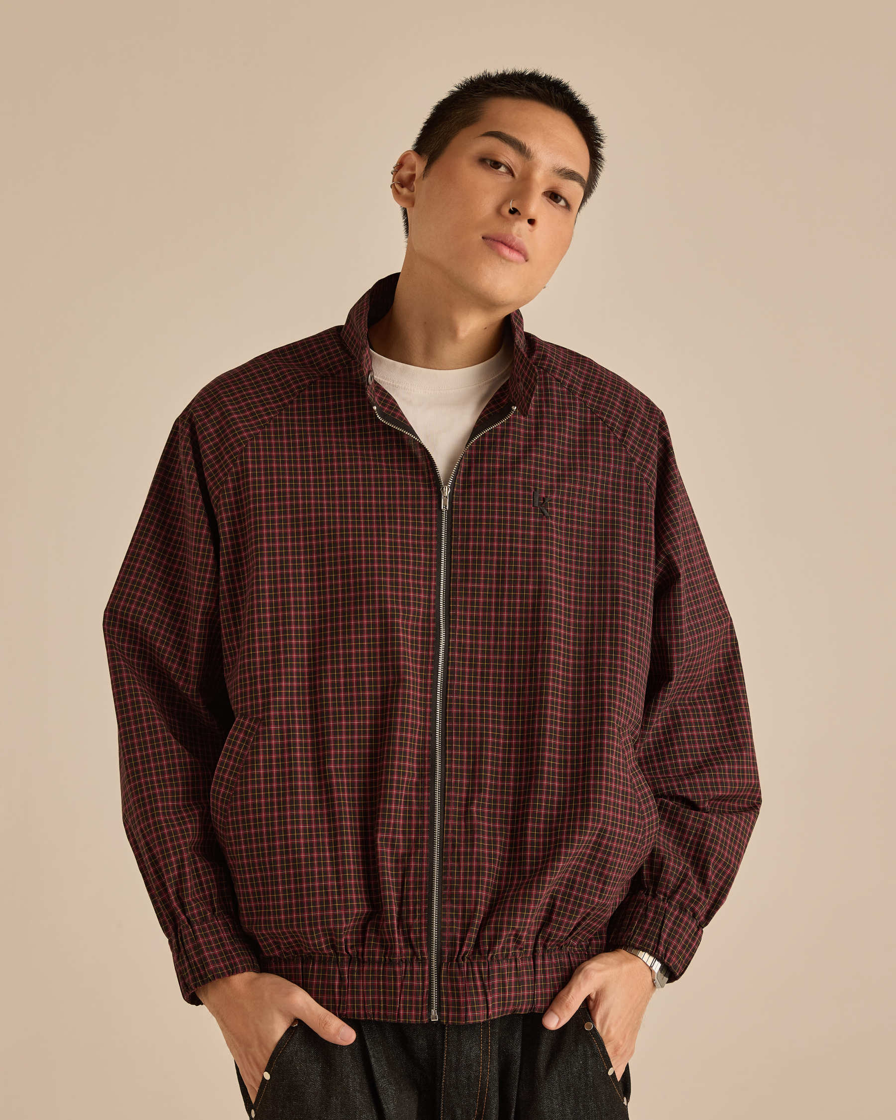 Red Plaid High-Neck Jacket