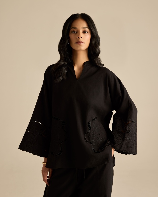 Aura Black Embroidered Boxy Top