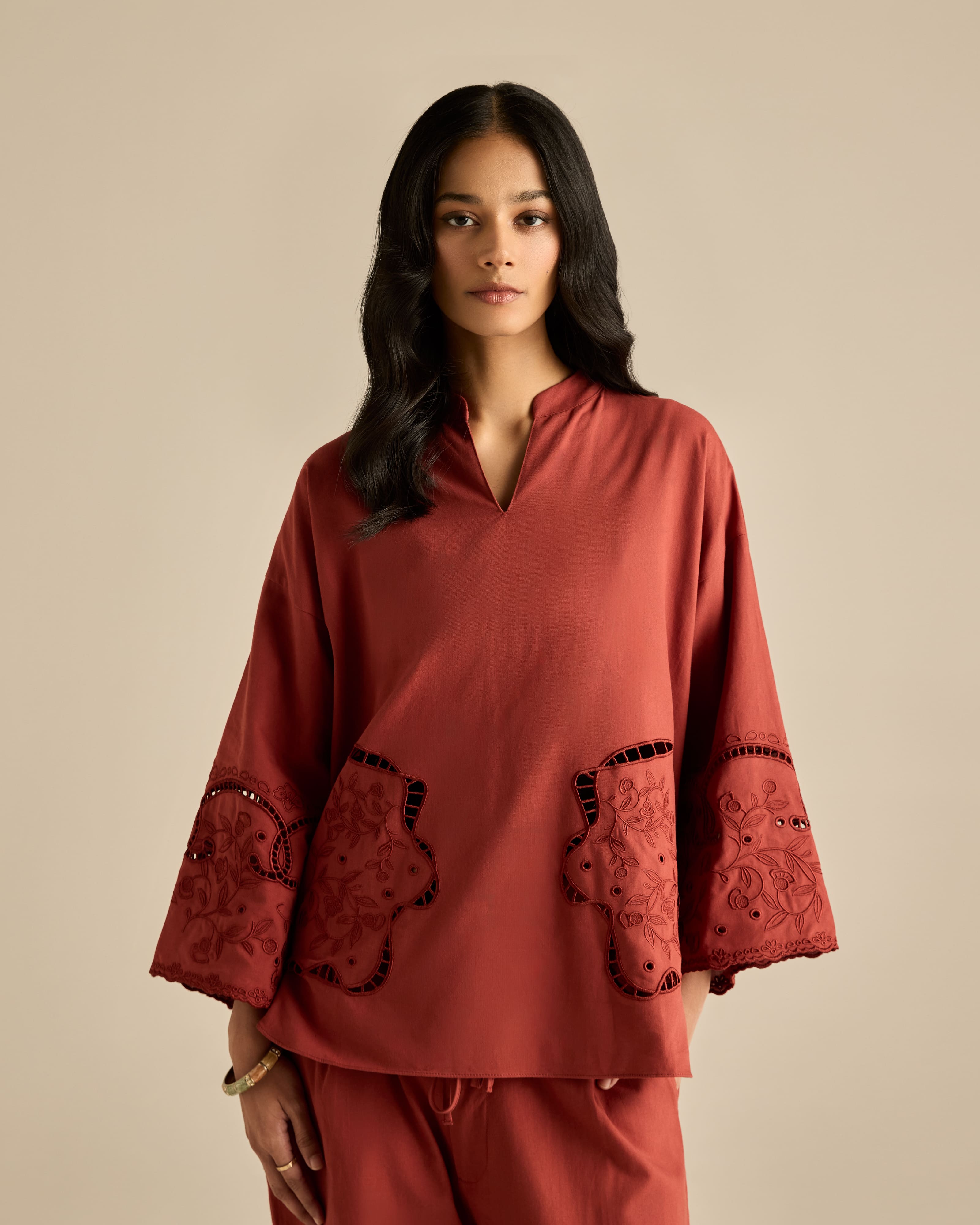 Aura Brown Embroidered Boxy Top