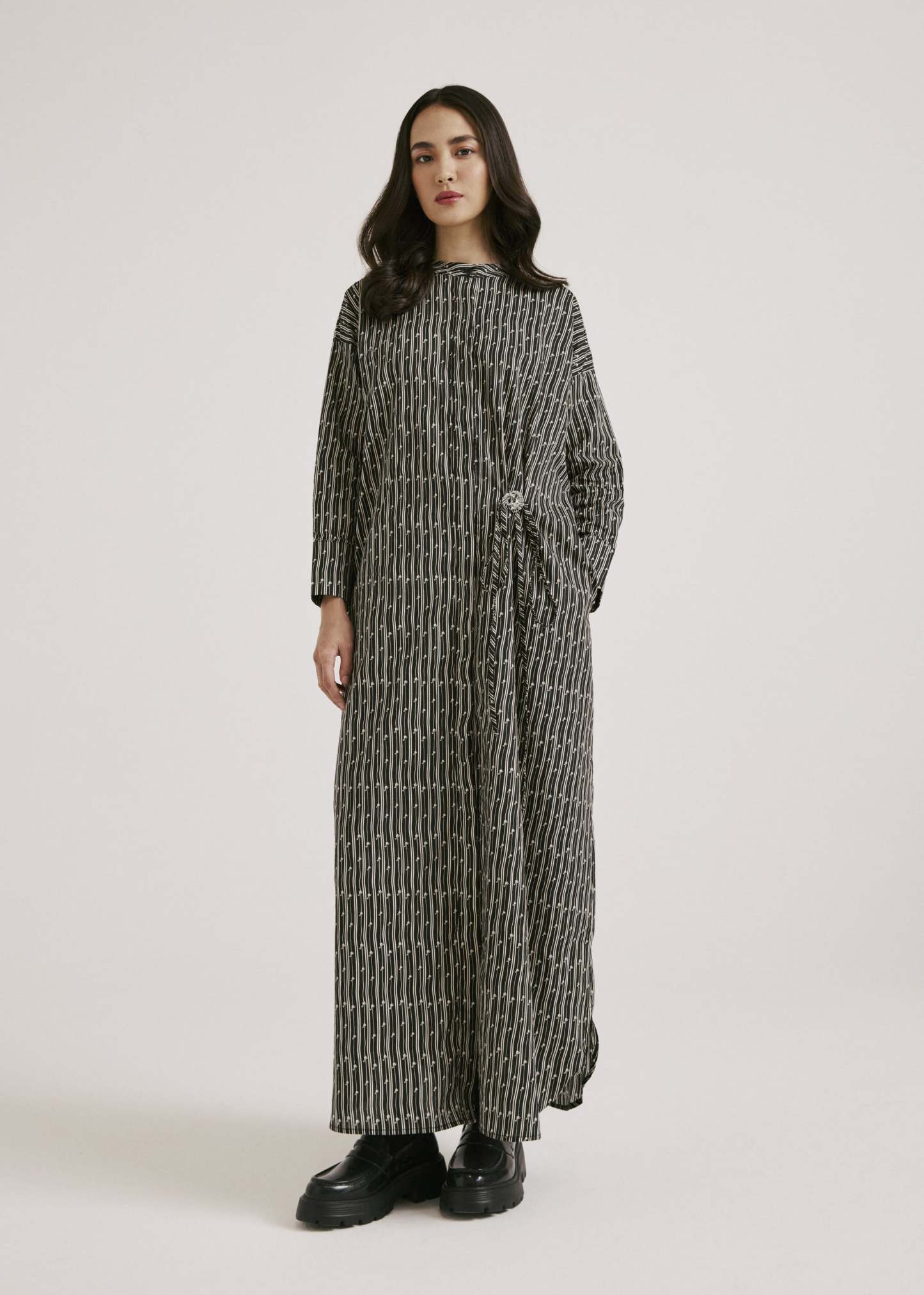 Ayva Black-Off White Printed Long Dress