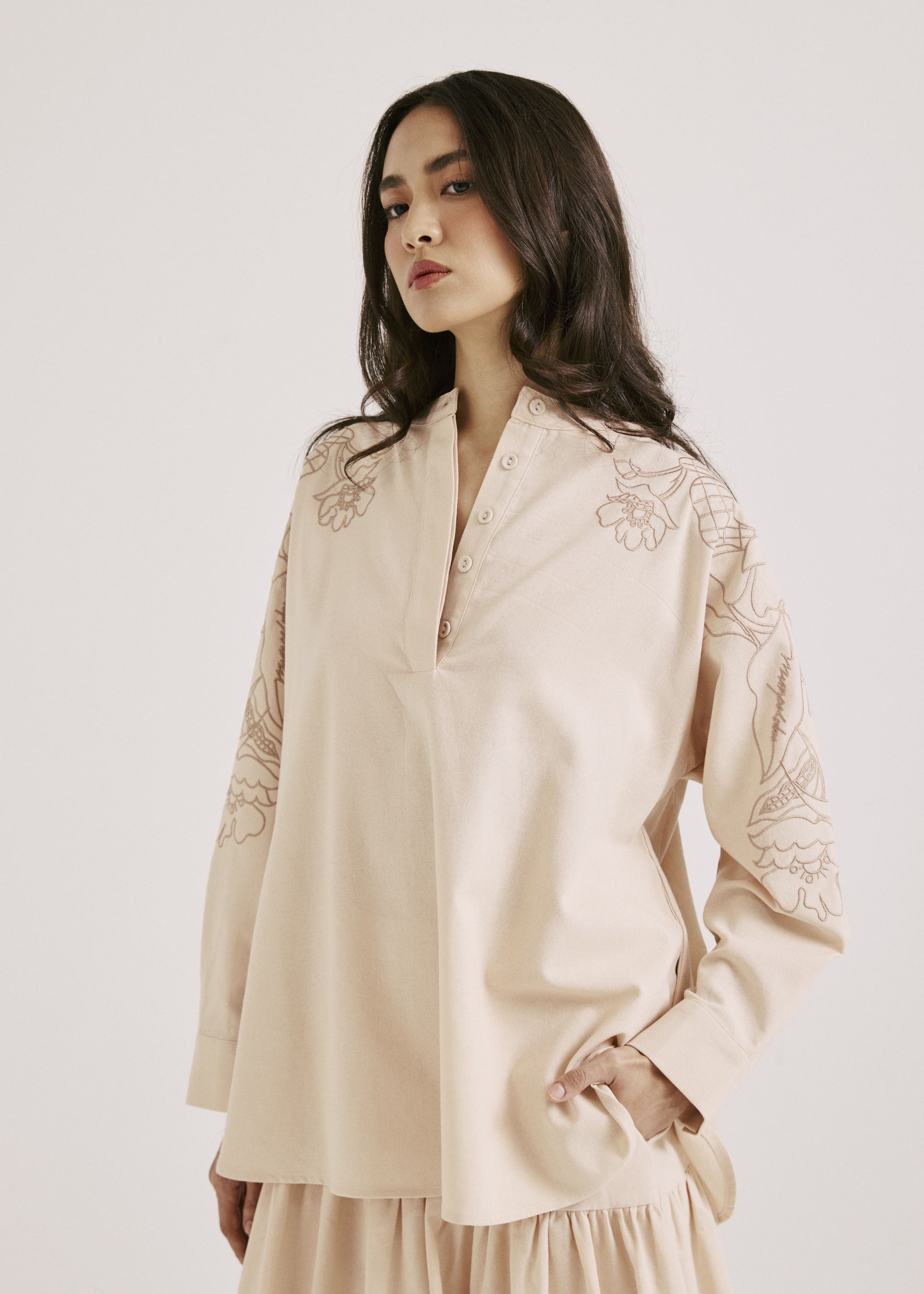 Meira Light Beige Embroidered Linen Top