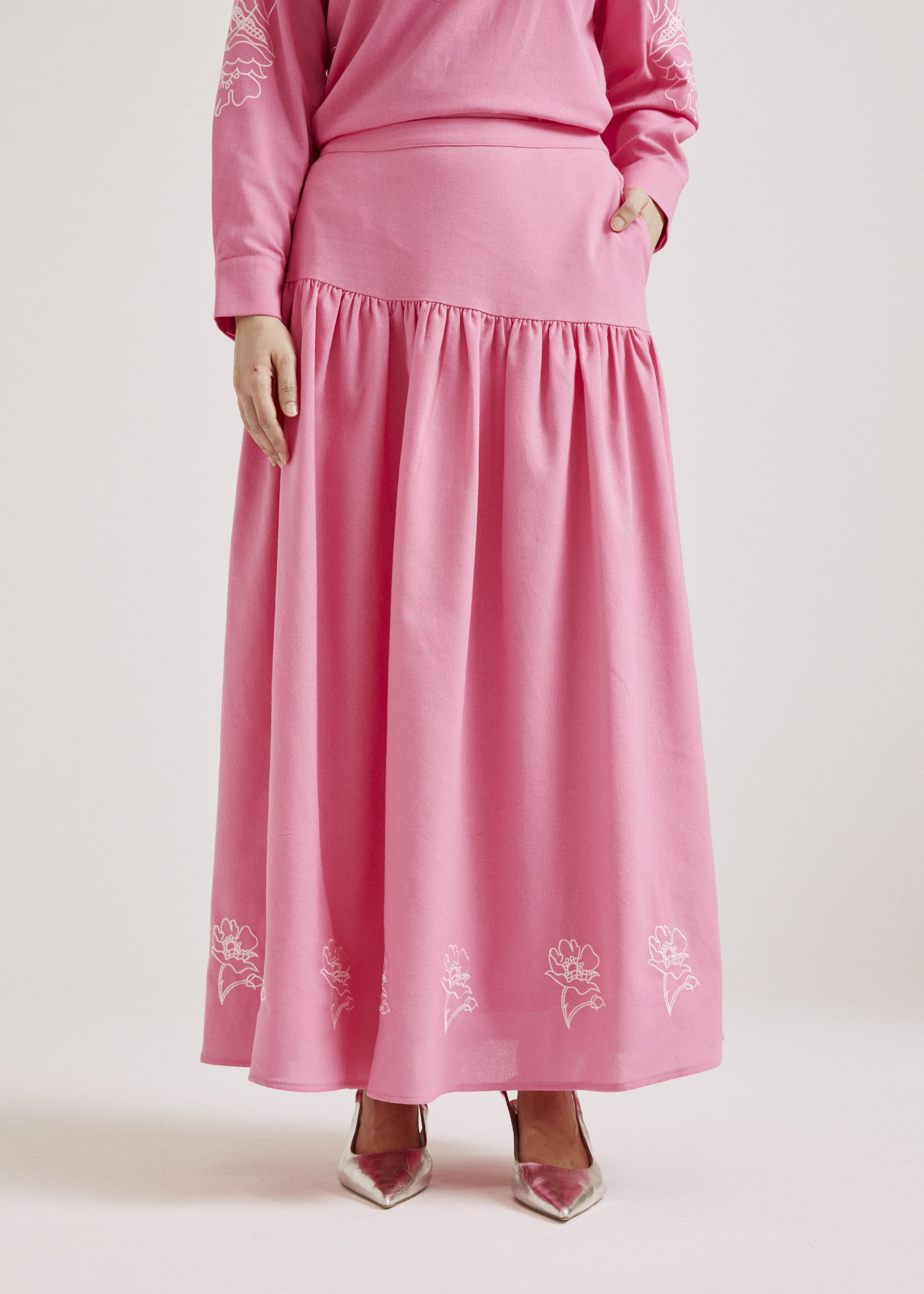 Meira Dark Pink Embroidered Linen Skirt