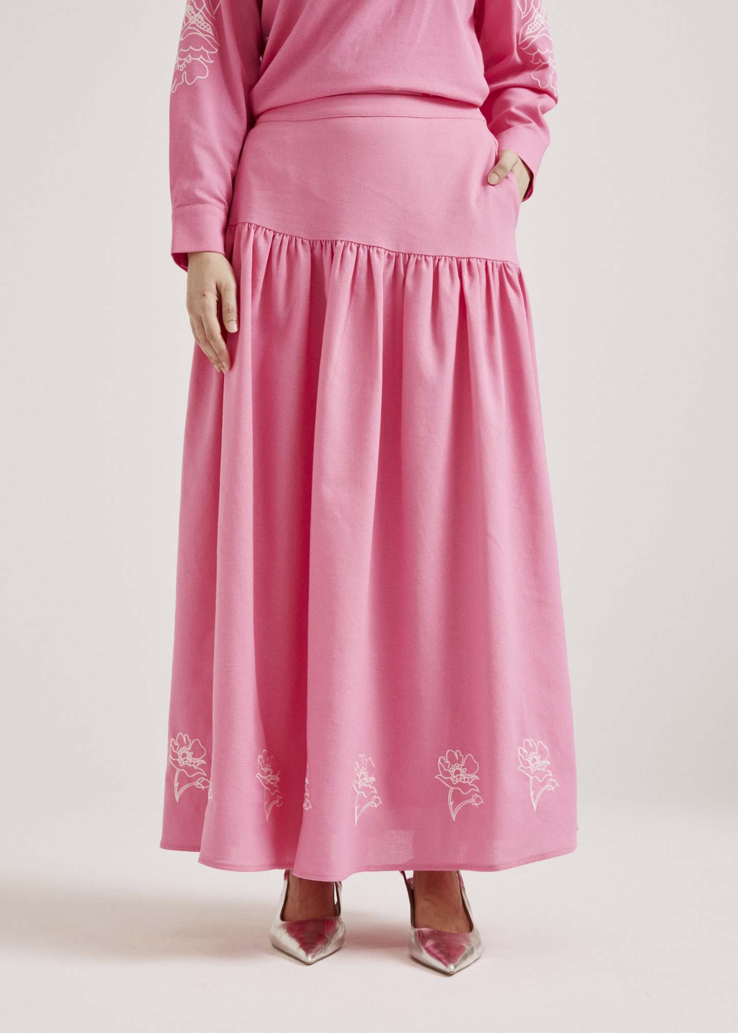Meira Dark Pink Embroidered Linen Skirt