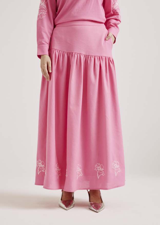 Meira Dark Pink Embroidered Linen Skirt