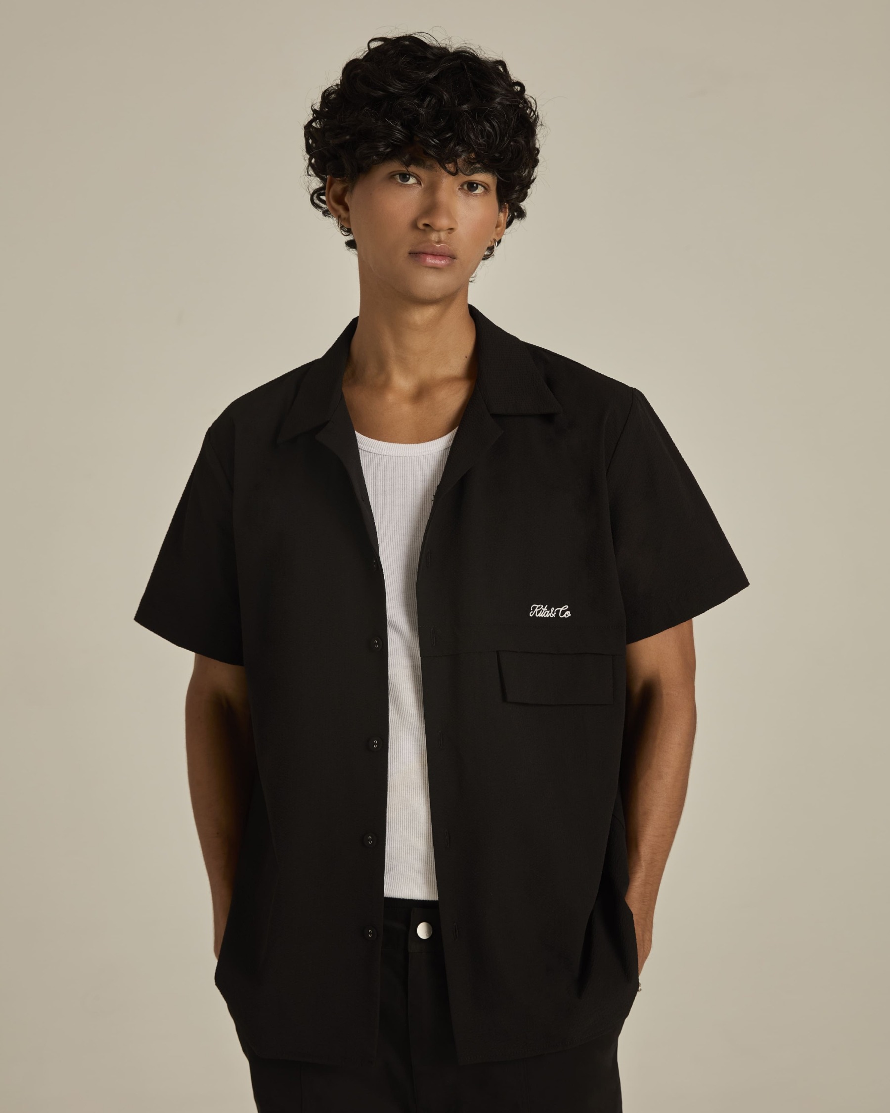 Black Textured Short Sleeve Shirt