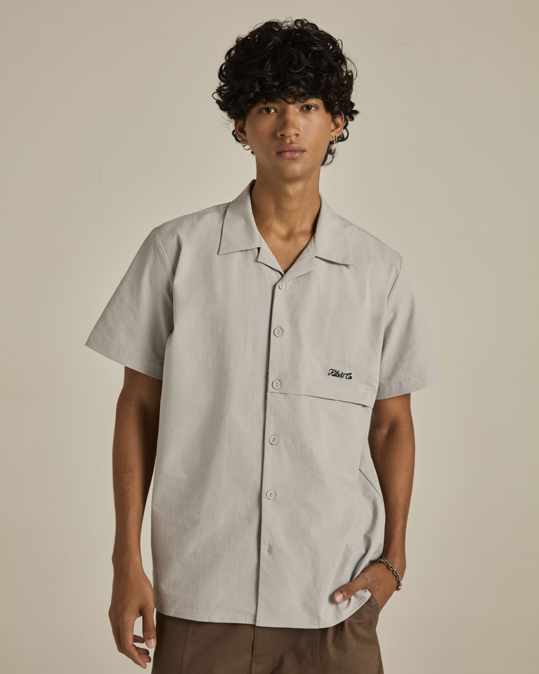 Grey Textured Short Sleeve Shirt