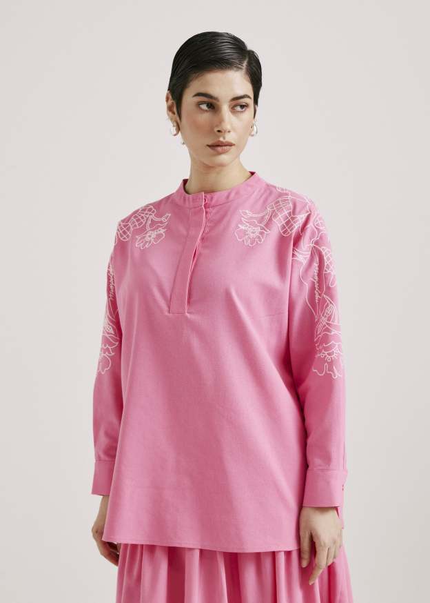 Meira Dark Pink Embroidered Linen Top