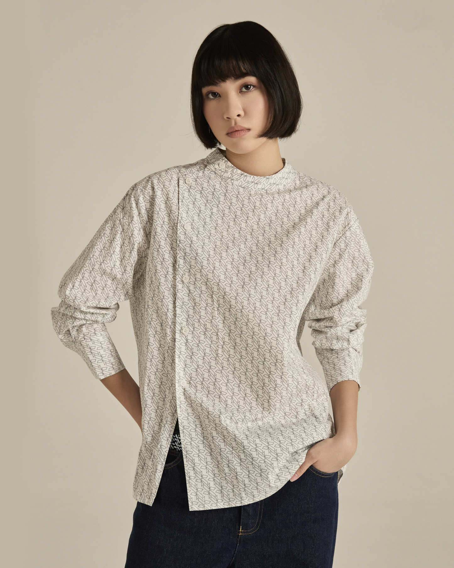 White Asymmetric Printed Shirt