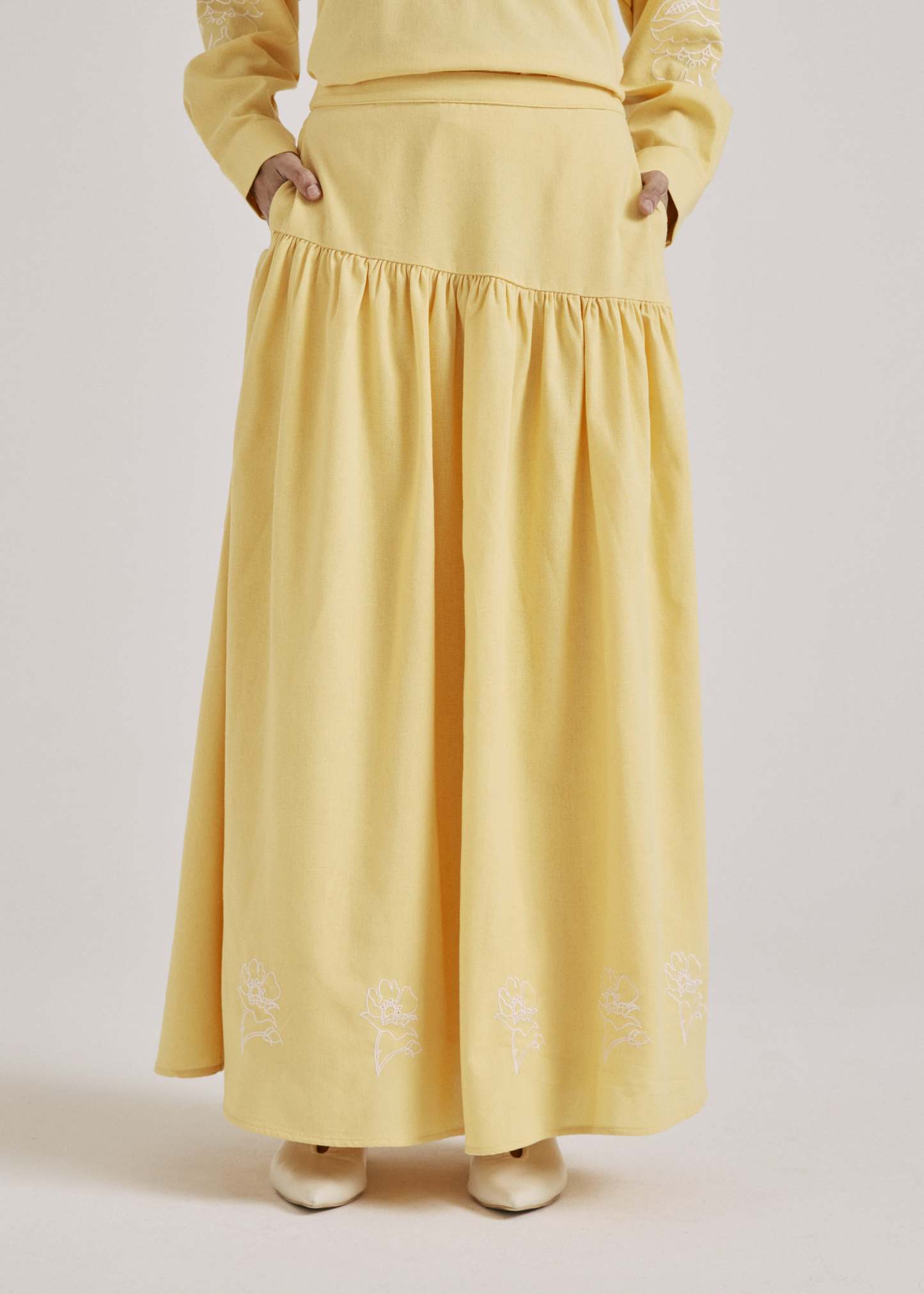 Meira Lemon Yellow Embroidered Linen Skirt