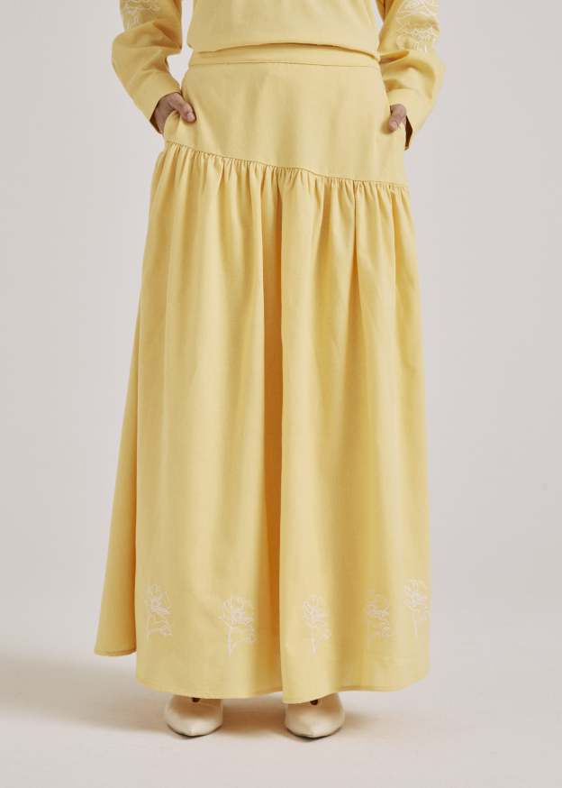 Meira Lemon Yellow Embroidered Linen Skirt