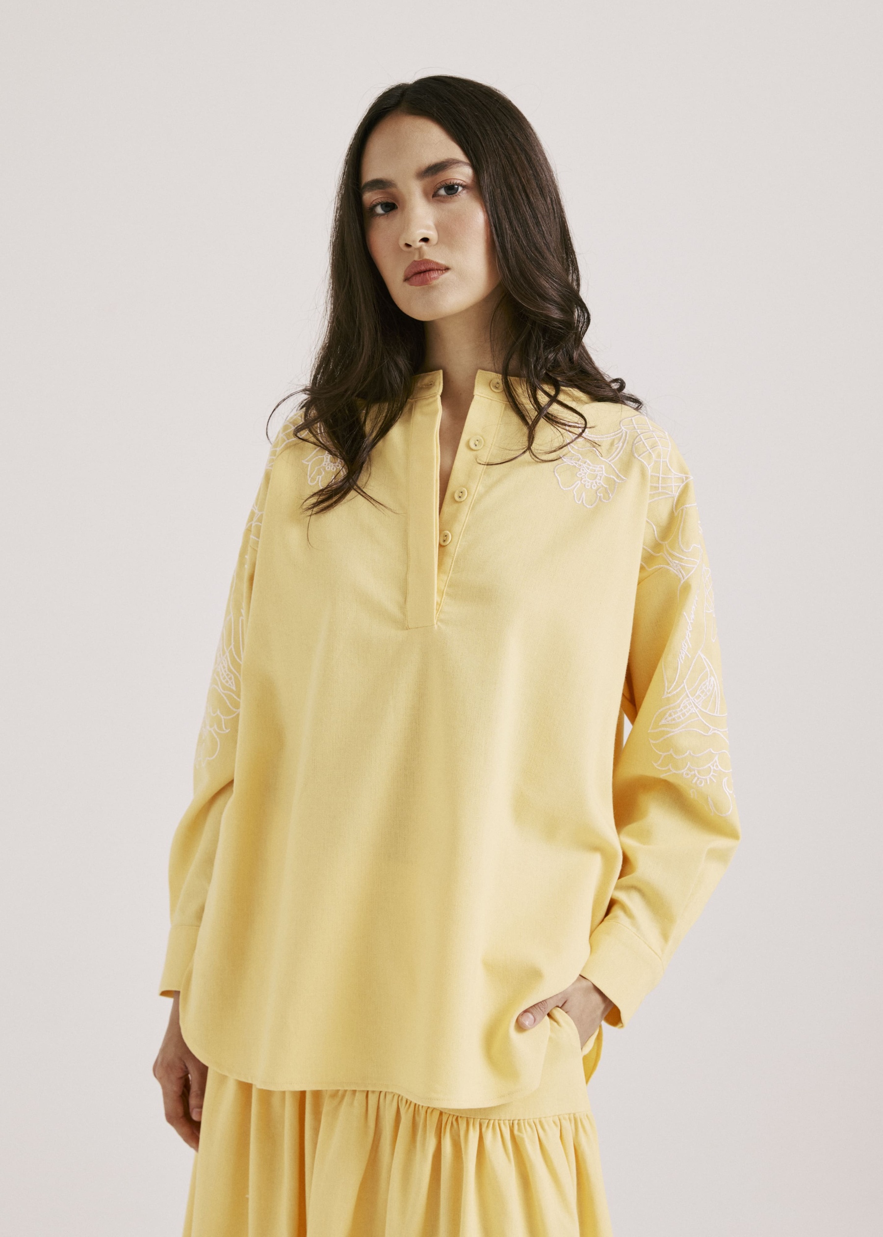 Meira Lemon Yellow Embroidered Linen Top