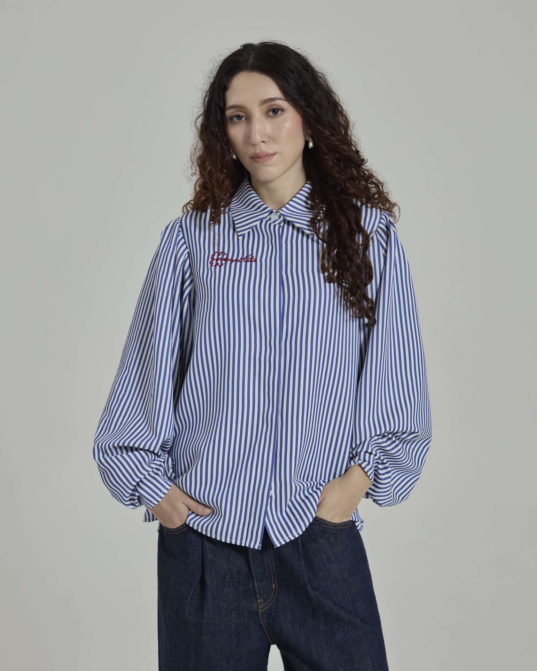 Emily Blue Striped Puff Sleeves Shirt