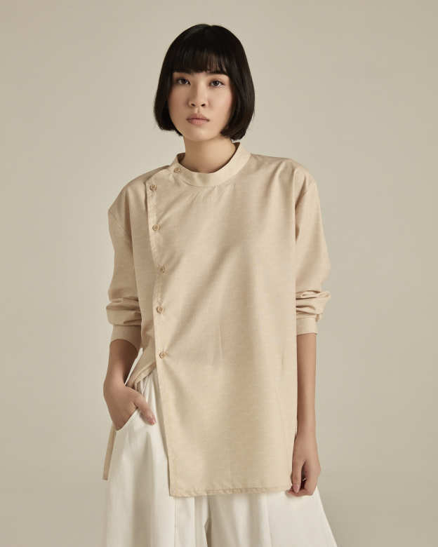 Nude Asymmetric Printed Shirt