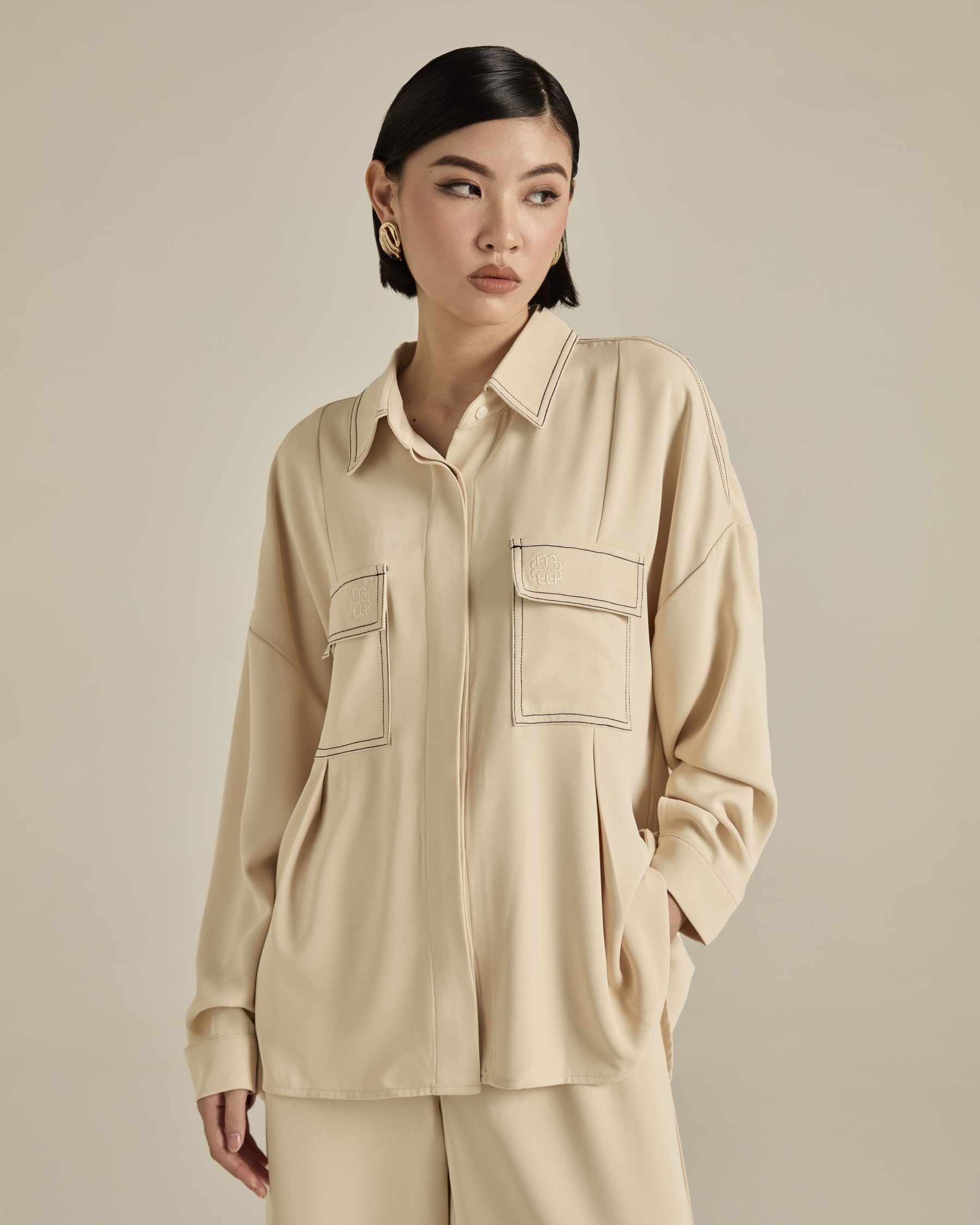 Nadya Soft Beige Monogram Loose Shirt