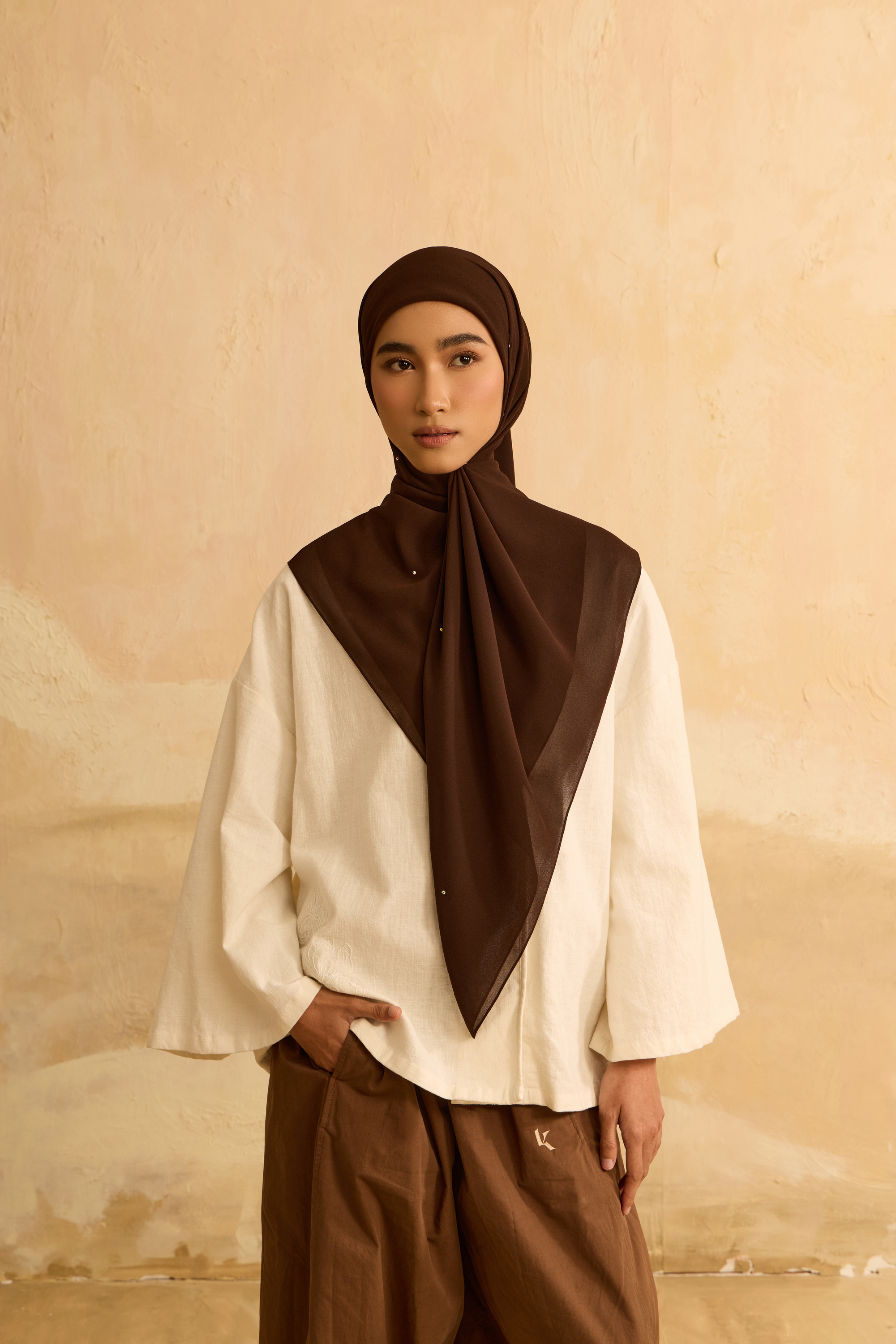 Mimpikita X Elfira Loy Alena Dark Brown Rhinestone Square Chiffon Scarf