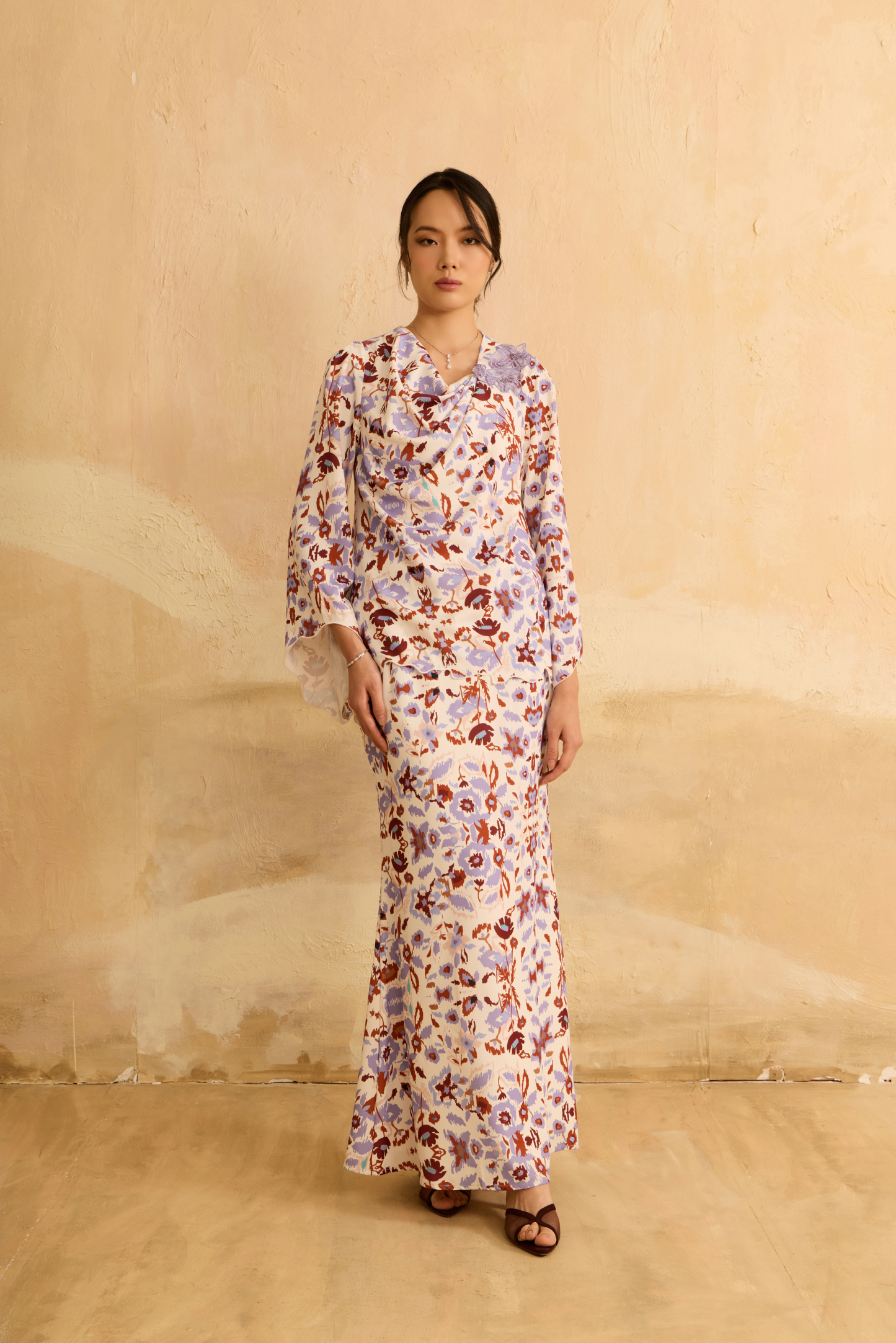 Raisa White Abstract Draped Kurung