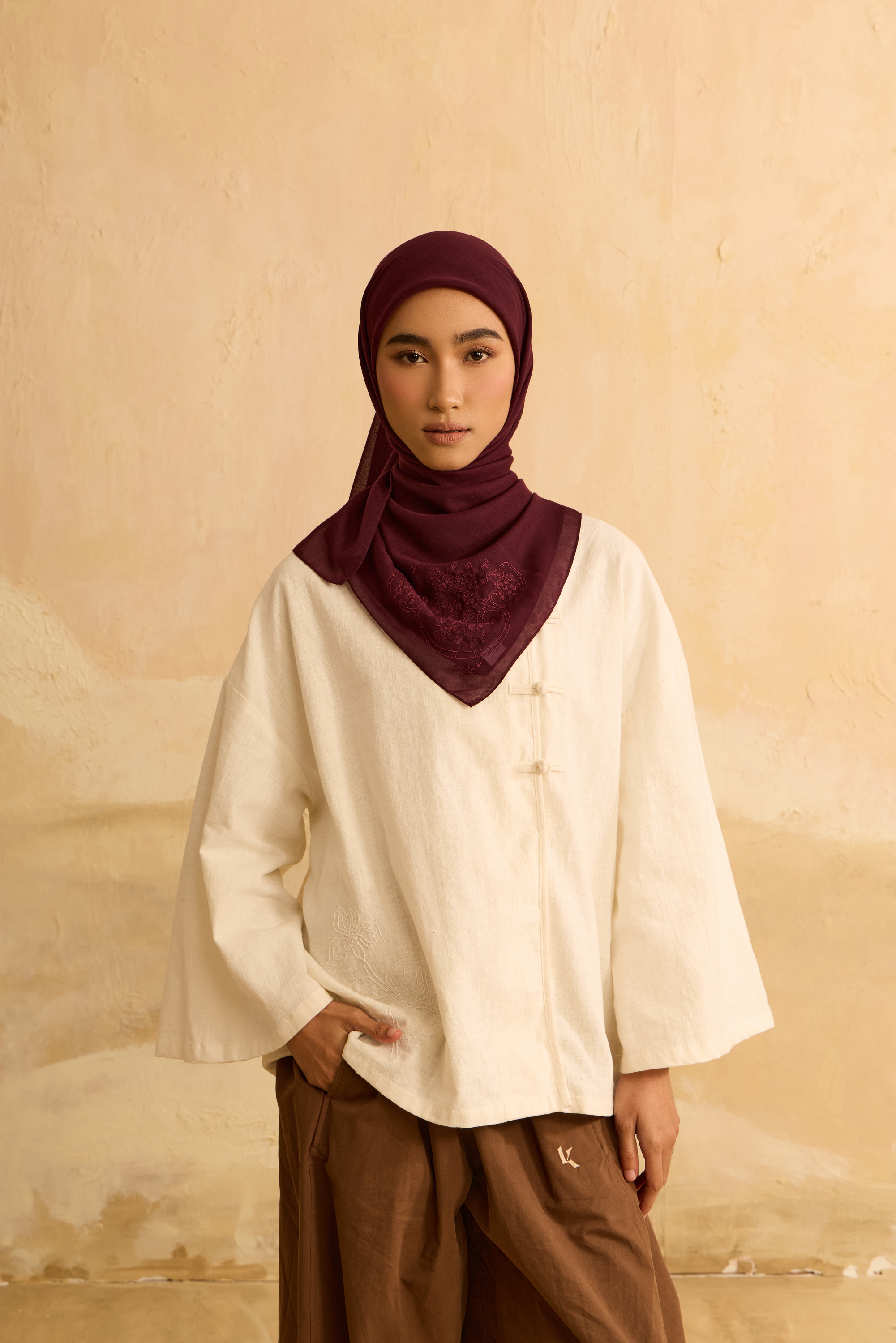 Mimpikita X Elfira Loy Enya Maroon Embroidered Square Voile Scarf