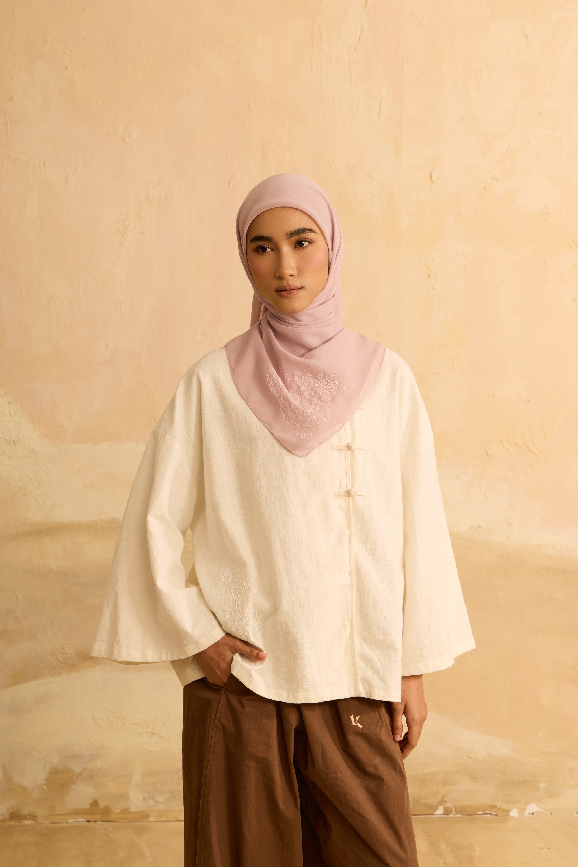 Mimpikita X Elfira Loy Enya Pink Embroidered Square Voile Scarf